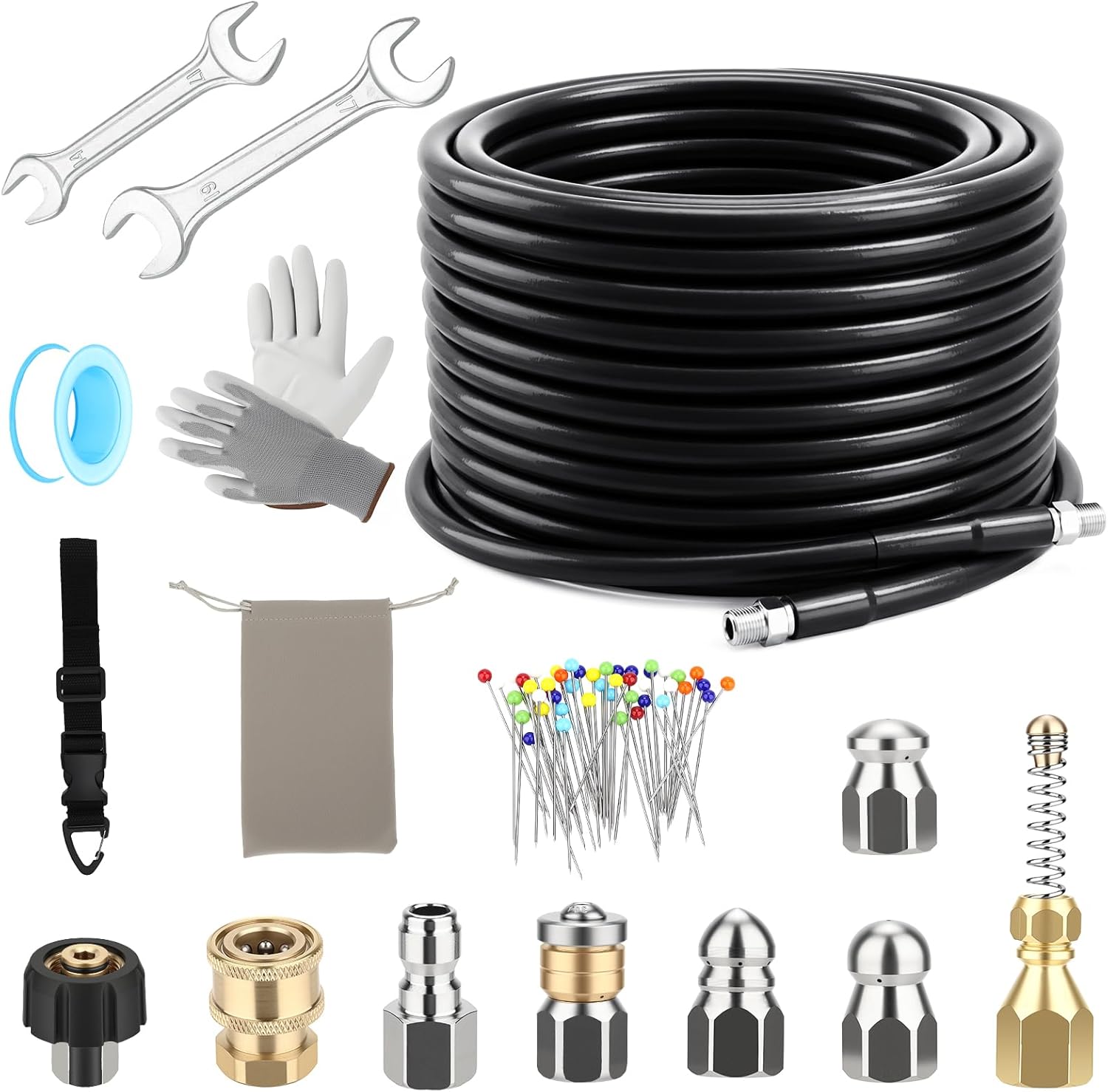 Sewer Jetter Kit for Pressure Washer 50FT, 5800 PSI Power Washer Drain Jetter Cleaner Hose with 1/4 Inch NPT Corner Rotating Nozzle and 4 Different Button Hose Sewer Jet Nozzles Cleaning Sewage Pipes