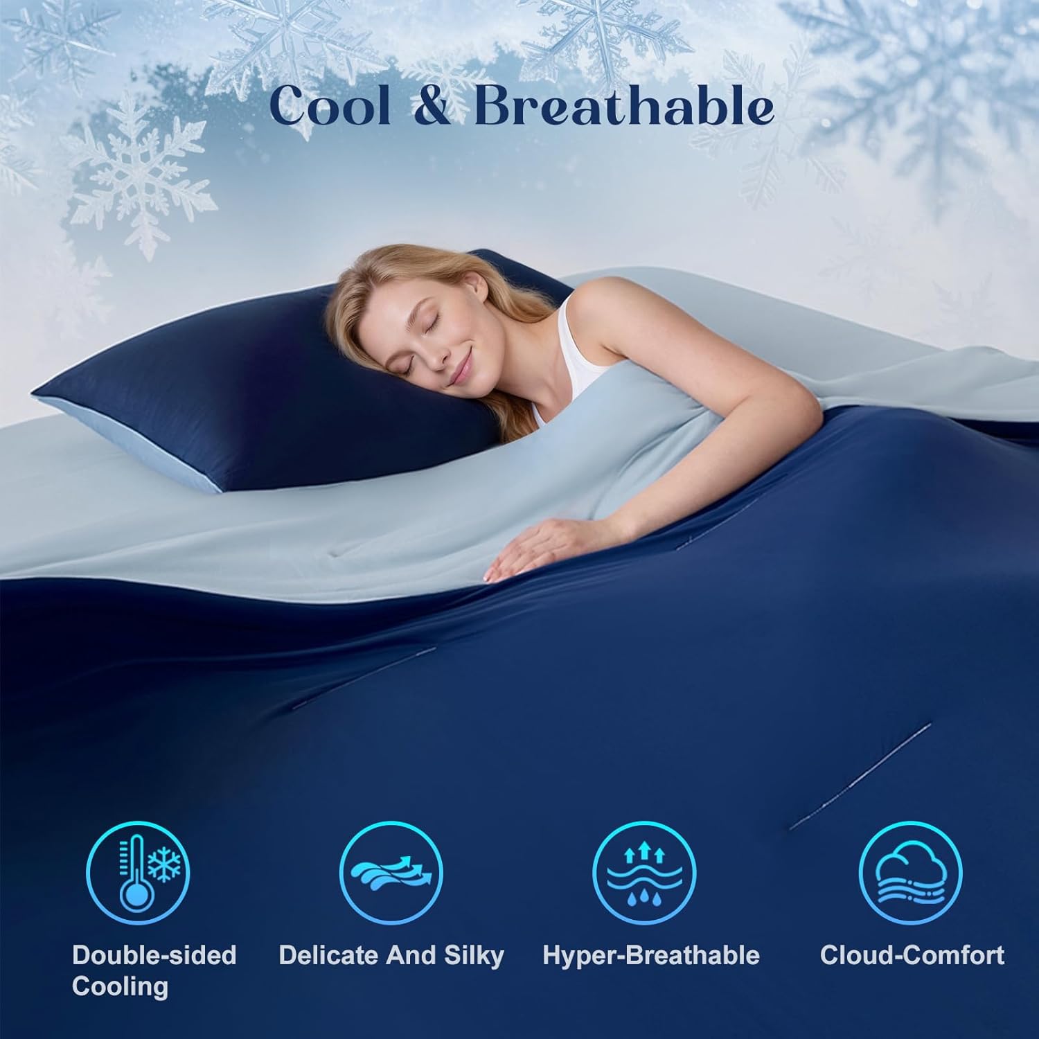 Bcareself Double-Sided Cooling Comforter for Hot Sleepers All-Season Breathable Lightweight Cooling Blanket, Night Sweats Relief, Cool to the Touch Silky Soft Fabric Bedding Gift, Dark Blue Queen Size