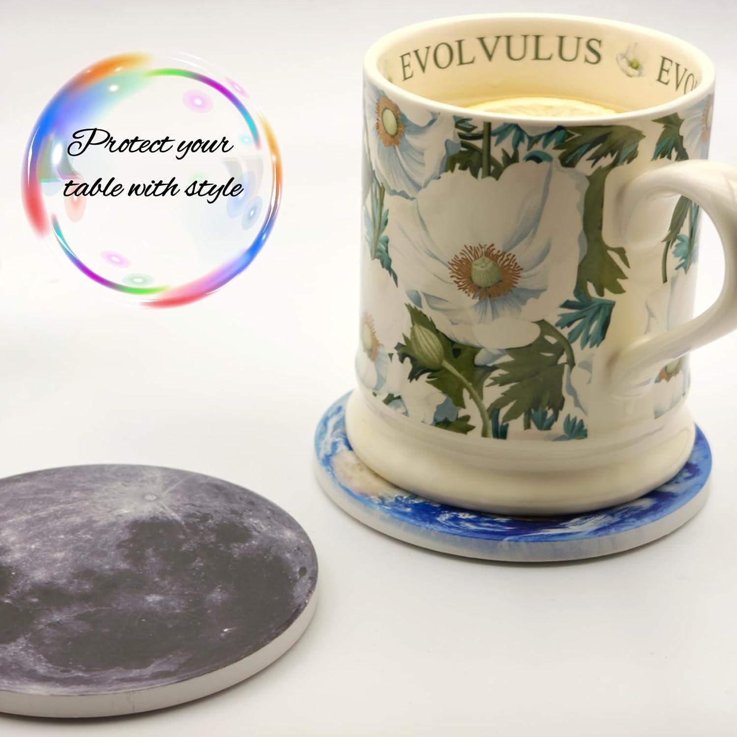 Ceramic Coasters Set with Holder Planets, Space Planet Drink Coasters, Non-Slip Cork Back, Unique Astronomy Gift for Coffee Table Decor, 4 Inch
