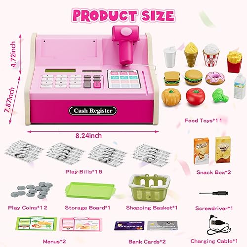 Miniatura 6 de Caja registradora de madera para niños con calculadora real, juguete recargable de caja registradora con escánerdinero de juegocomidatarjeta de
