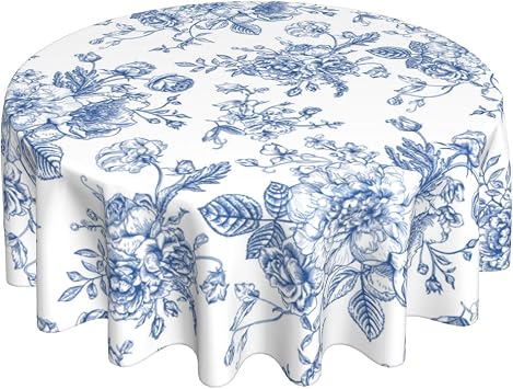 Blue Floral Tablecloth 70 Inch Round Blue and White Chinoiserie Flower Table Cloth Spring Decorations Polyester Stain Resistance Blue Round Table Cover for Party Picnic Kitchen Decor Outdoor