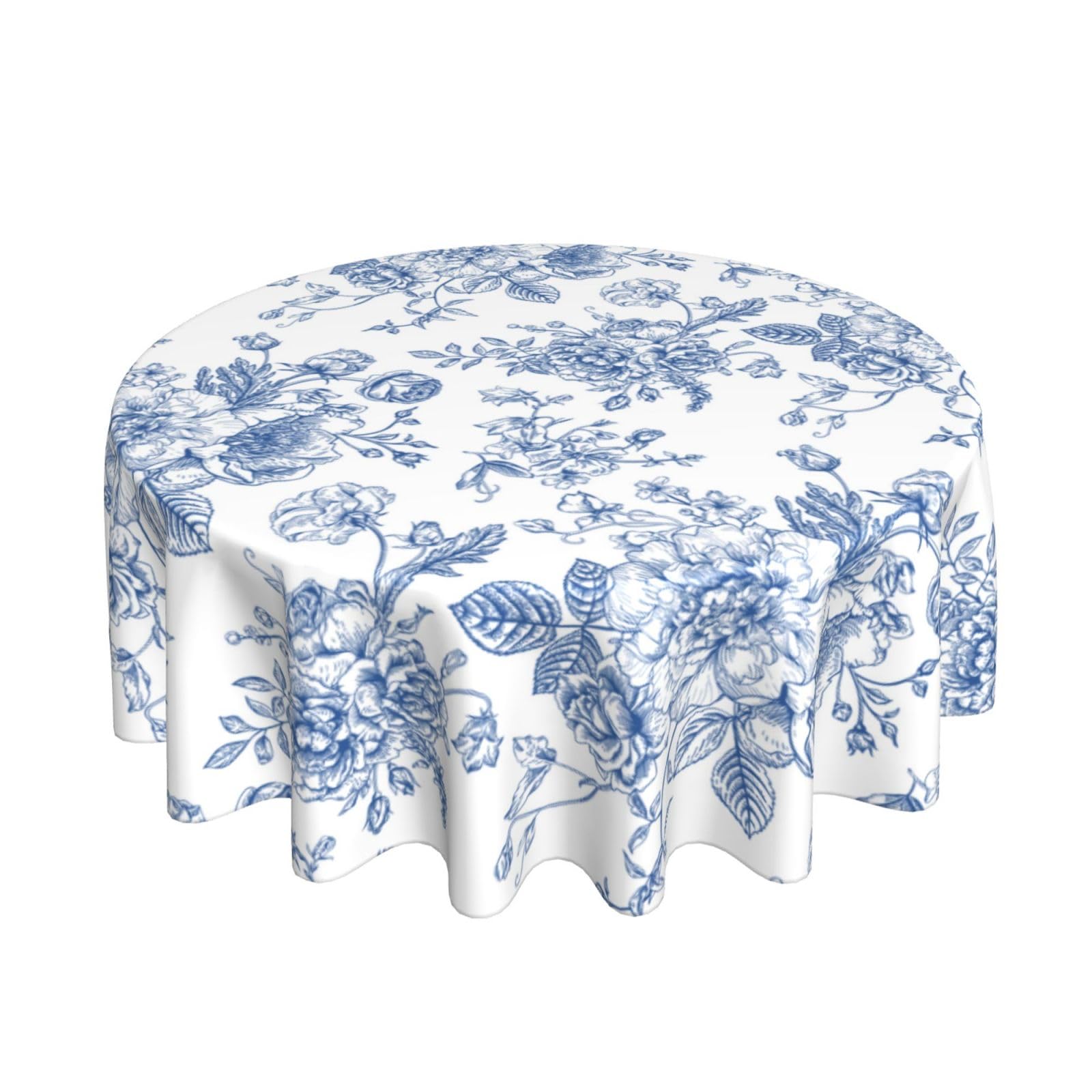 GOLIANDA Blue Floral Round Tablecloth 60 Inch Round Blue and White Chinoiserie Flower Toile Table Cloth Spring Decoration Polyester Stain Resistance