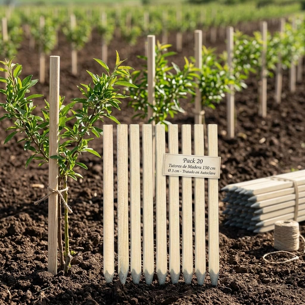 Suinga Pack 20 Estacas para Arboles 150 cm Ø 3 cm | Tutores con Punta | Poste para Vallas, Jardin y Plantas | Poste de Madera | Soporte para arboles