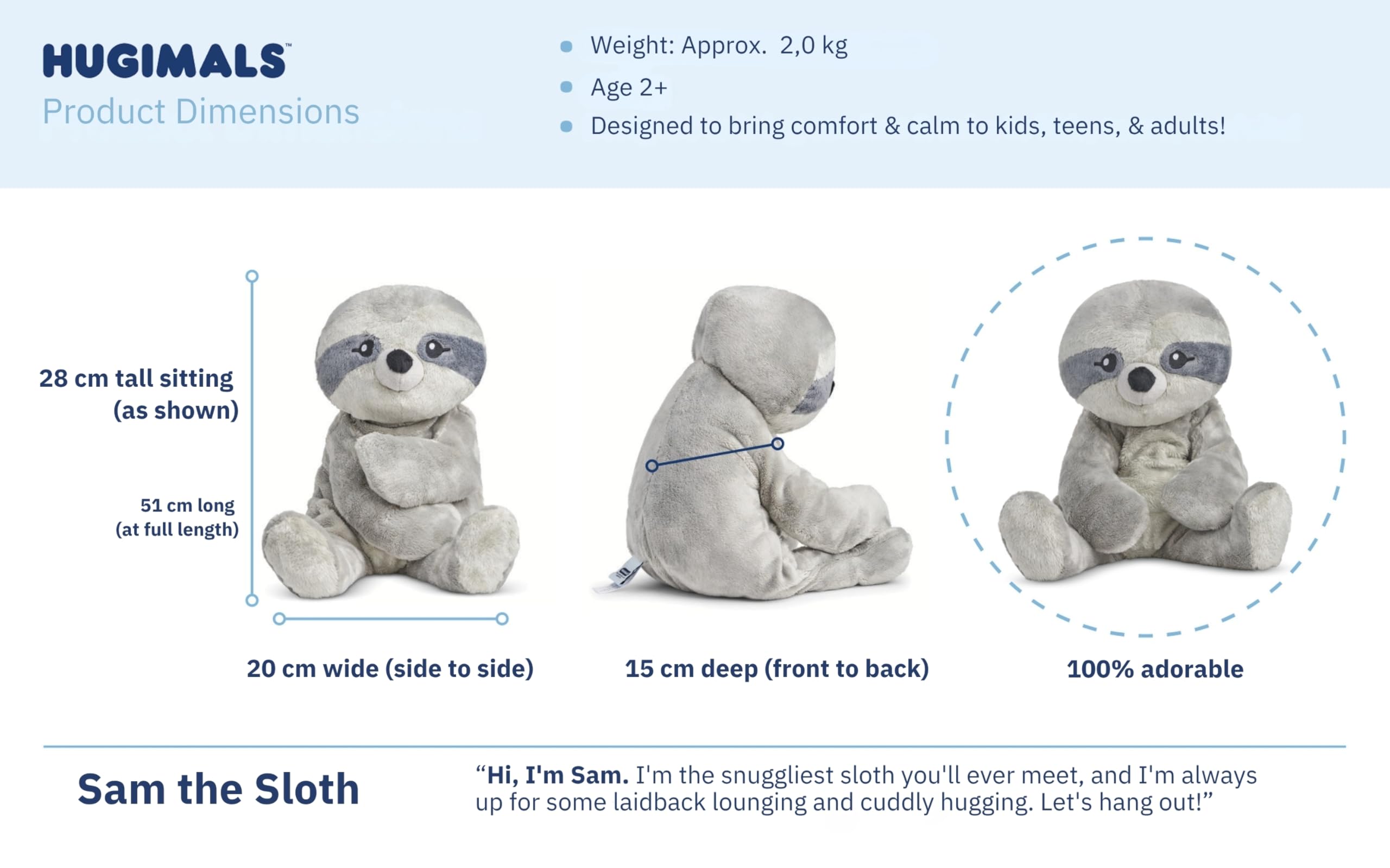 HUGIMALS Weighted Sensory Plush - 2kg Calming Stuffed Animal For Kids & Adults - Removable Weight, Washable, Deep Pressure Stimulation - Image 6