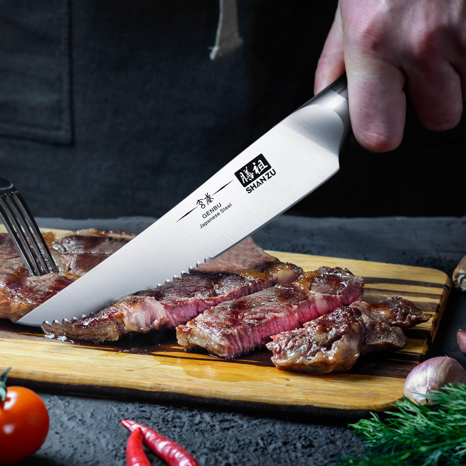 SHAN ZU Couteaux à Steak 6 Pièces, Set de Table, Lame Ultra-Fine Acier Inoxydable, Manche Bois K133 Série Genbu