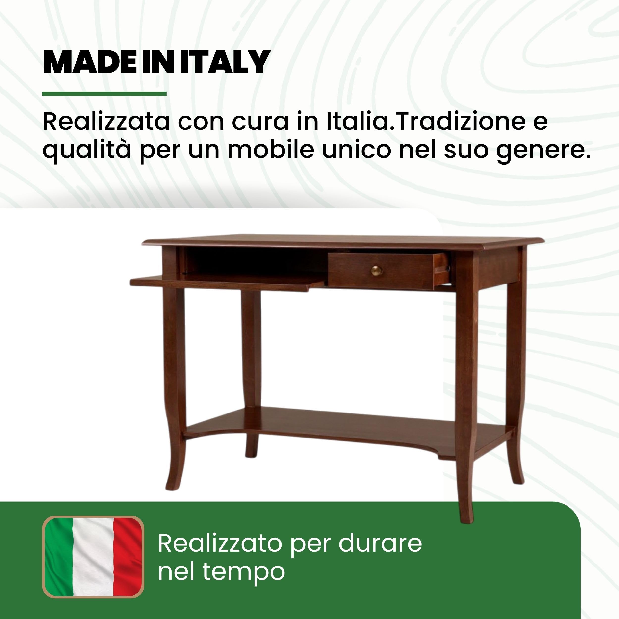 Mar.c.a. Design - Scrivania Ufficio per PC in Legno Noce Scuro, Stile Classico Arte Povera con Porta Computer Fisso, Cassetti e Piano Estraibile per Tastiera e Mouse - Made in Italy