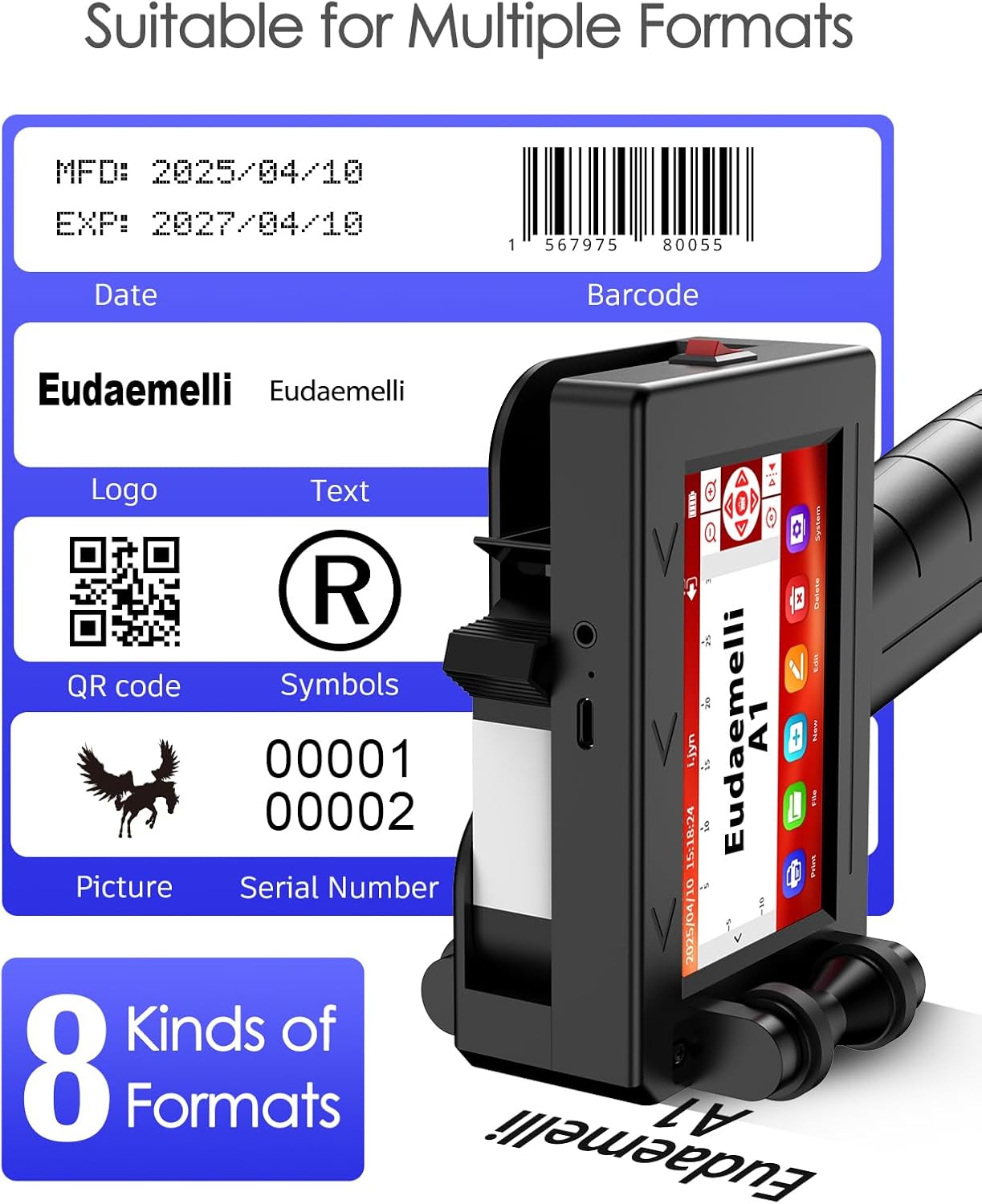 A1 Handheld Inkjet Printer Gun,0.5 Inch Portable Handheld Ink jet Printer Gun with 42ml Quick-Drying Ink Inkjet Coding Machine for Expiry Date/Batch Number/Text/Logo/QR Code/Barcode/Serial Number