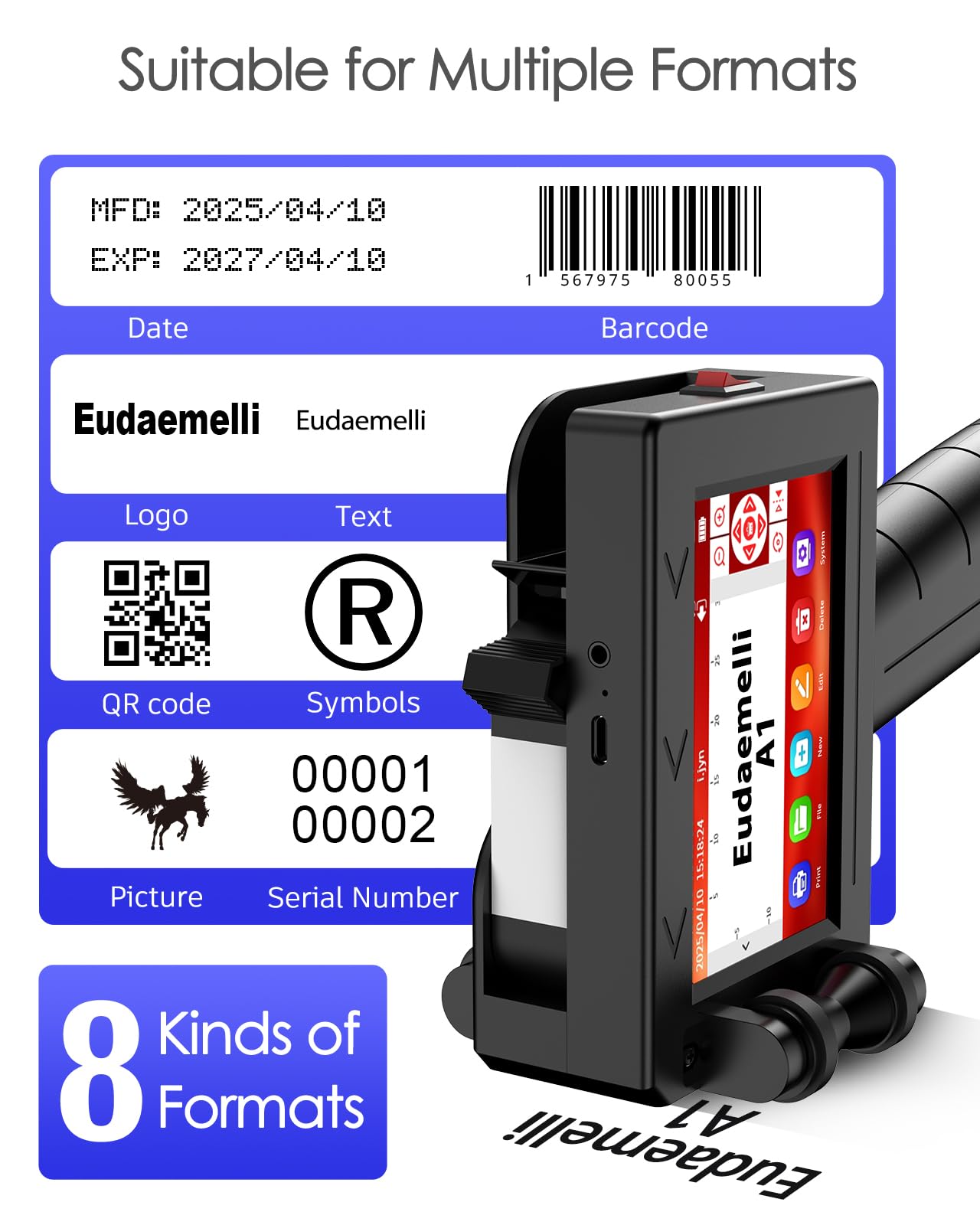 A1 Stampante Palmare Portatile,Stampante a Getto D'inchiostro con Touch Screen da 4,3 Pollici per Logo/Immagine/Data di Produzione/Numeri/Lotto/Codice QR/Codice a Barre(Altezza di stampa 2-12,7 mm)