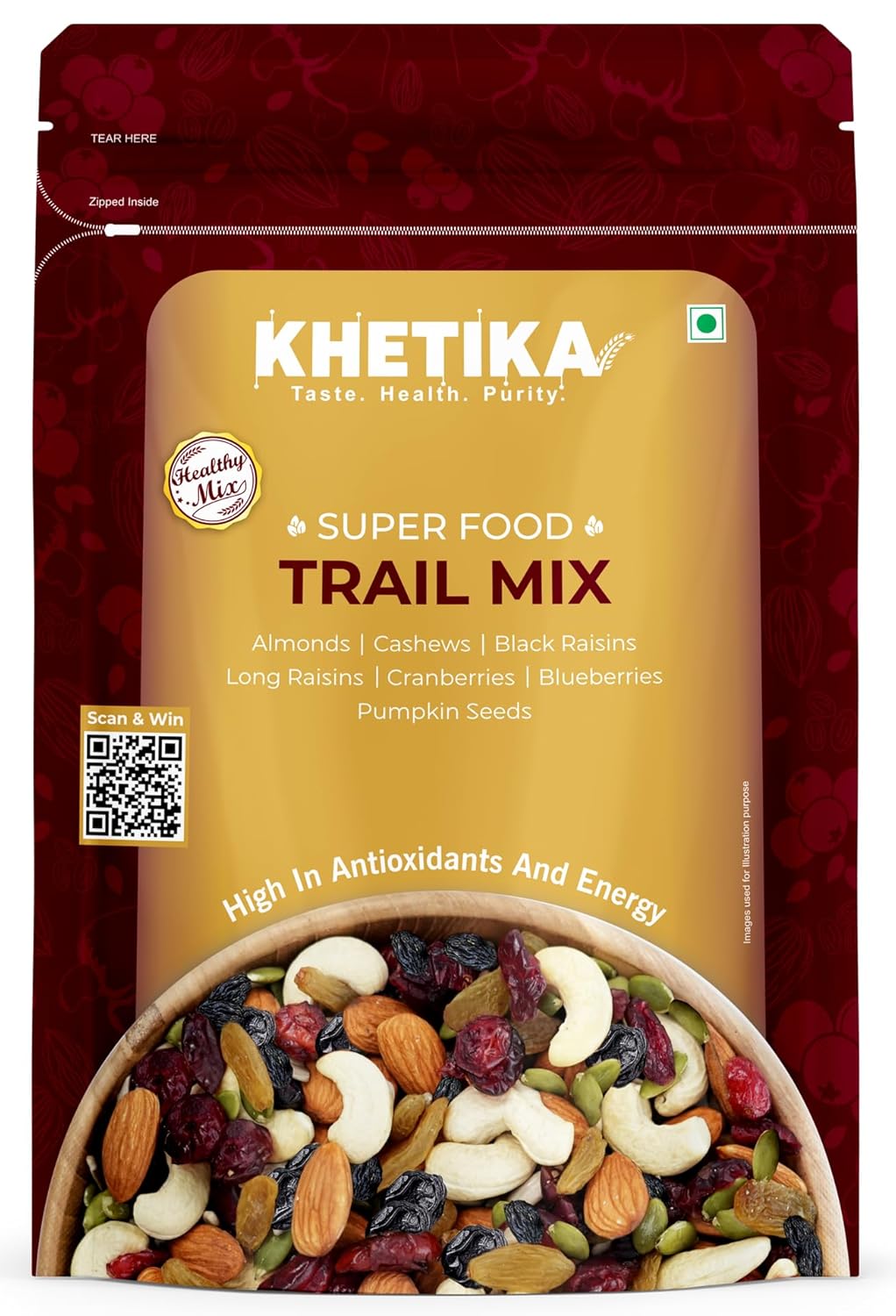 Khetika Trail Mix 200g | 7 Superfood in 1 Mix | Dry Fruits & Seeds Mixed pack, Energy Power Pack Contains Almonds, Cashews, Cranberries,Black Raisins, Long Raisins, Pumpkin Seed, Blueberries