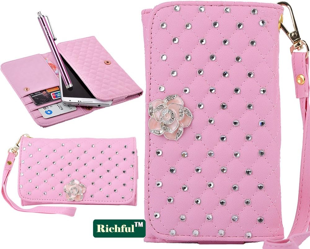 Richful(TM) Twinkling Bling Crystal Rhinestone Premium PU Leather Protective Slim Case Built-in Card Slots Wrist Wallet Carry Cover Compatible with Samsung Galaxy Note2 N7100/Note3 N9000,S5 i9600,Sony Z1/Z2,LG G2/G3(Pink),Sent Stylus Pen