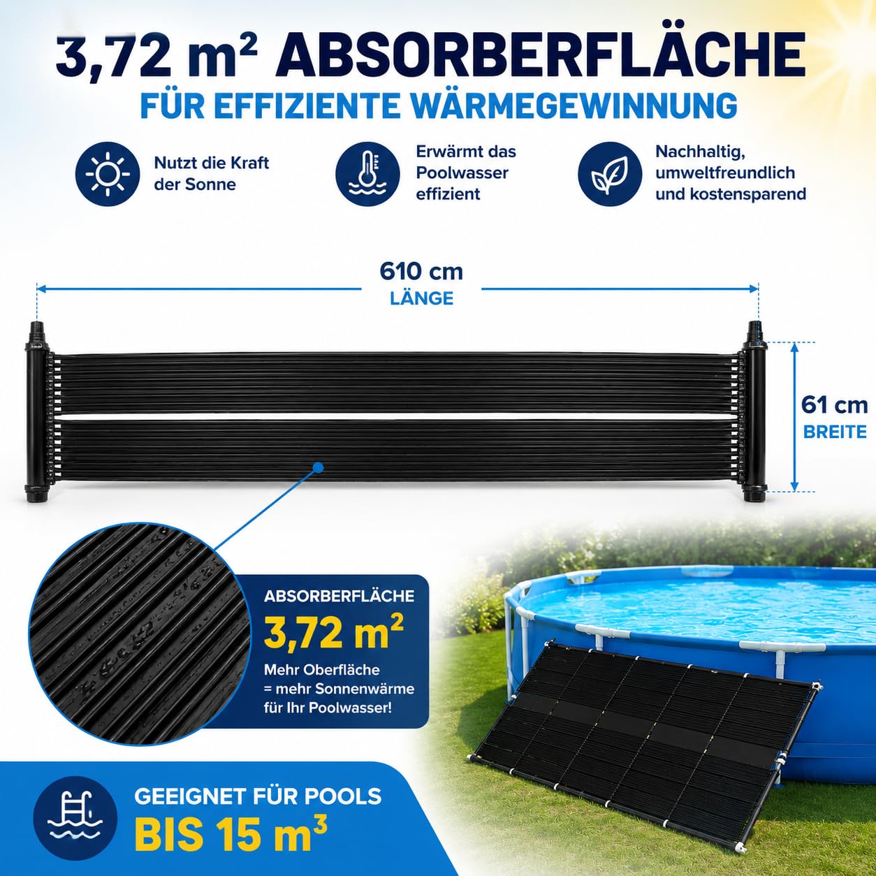 poolomio® Solarmatte 610 x 61 cm | Solarheizung für Pools bis 15m³ | Solarkollektor mit 3,72 m² Absorberfläche | Erhöhung der Wassertemperatur bis zu 6 °C | Anschluss an Poolschläuche Ø 38 mm