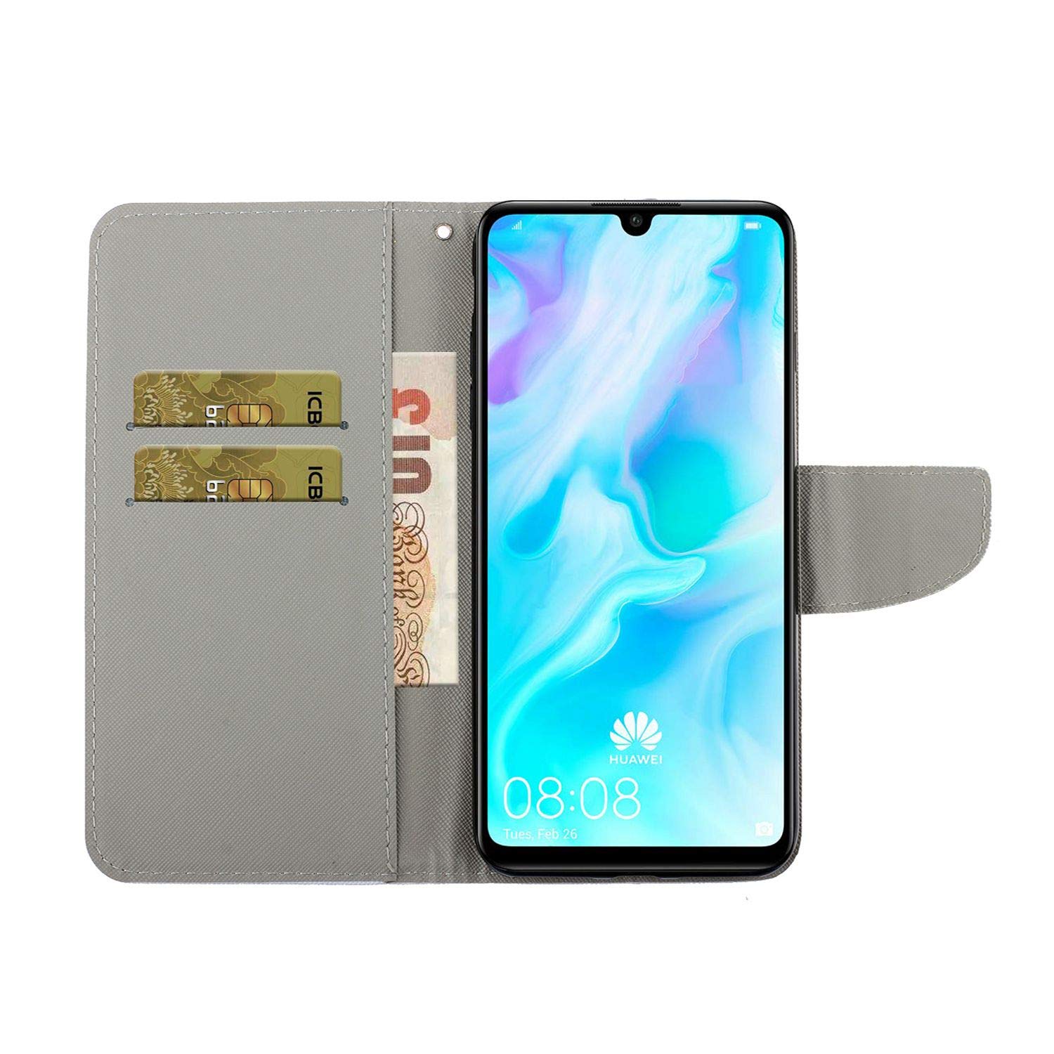 Cover Portafoglio In Pelle PU Per Huawei Y6P Con Chiusura Magnetica - Protezione Antiurto Con Slot Per Schede - Stampa Lupo - 2