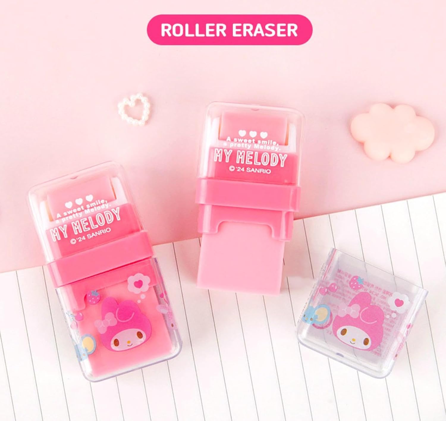 Cute Character Roller Eraser with Built-in Dust Cleaning Roller – Portable & Mess-Free Design - Pink
