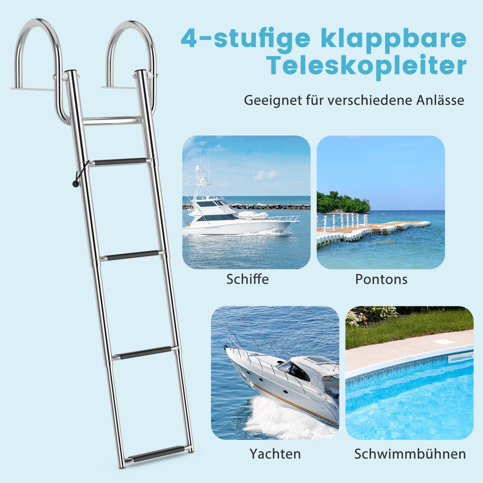 COSTWAY Poolleiter mit 4 Stufen, klappbare Teleskop-Badeleiter mit Handlauf & rutschfesten Stufen, Edelstahl Bootleiter, Schwimmbadleiter bis 227 kg belastbar