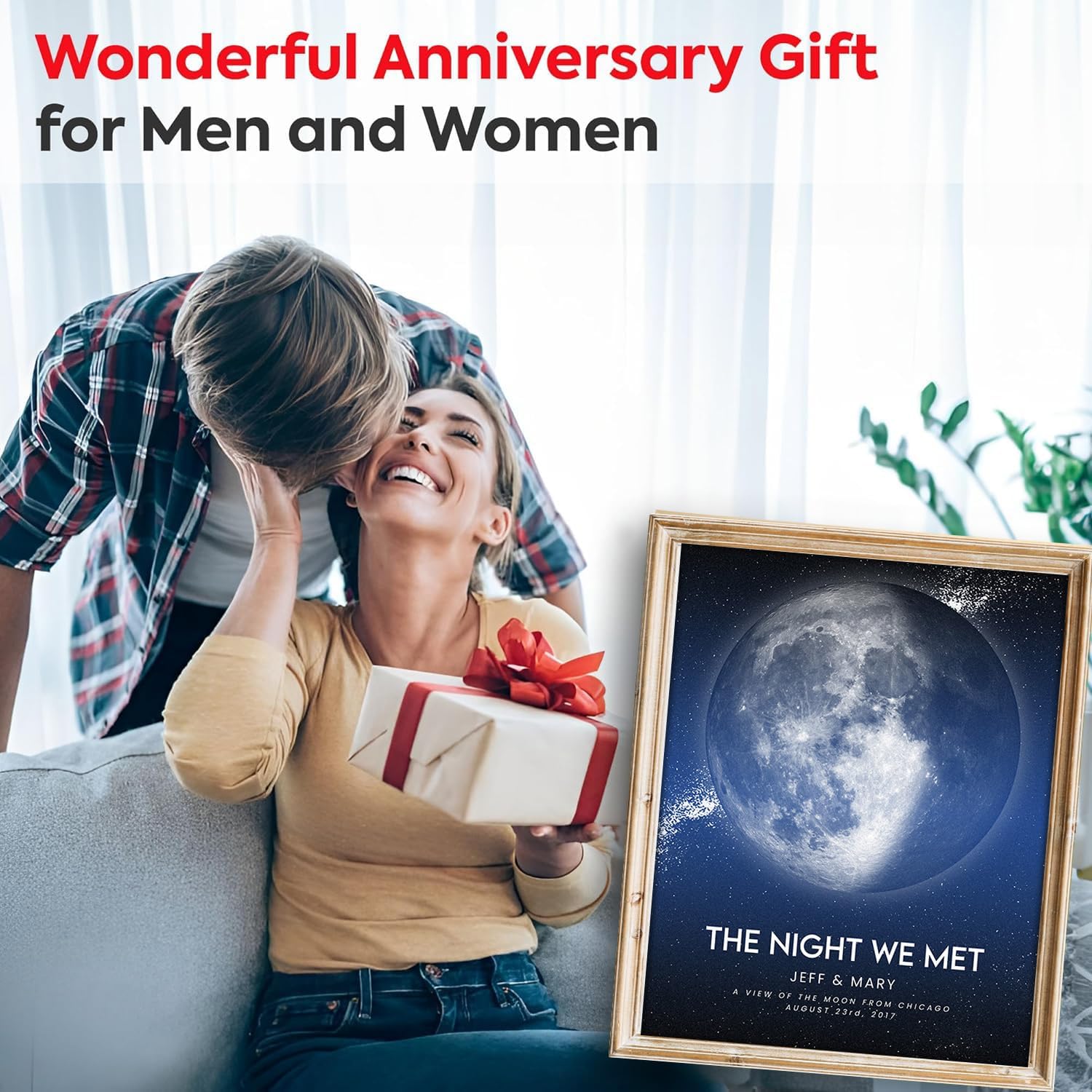 Custom Moon Phase Gift for Specific Date | Romantic Gifts for Her | Gifts for Husband | Personalized Night Sky | Paper Anniversary | (e.g. Wedding, Valentine's Day, Birthday, etc) | Blue with Thin Border & Front Glow - Image 2