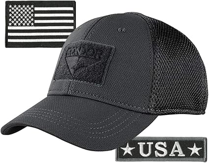Condor MESH Fitted Tactical Cap Bundle - U.S.A. & USA Flag Patch - Choose Size