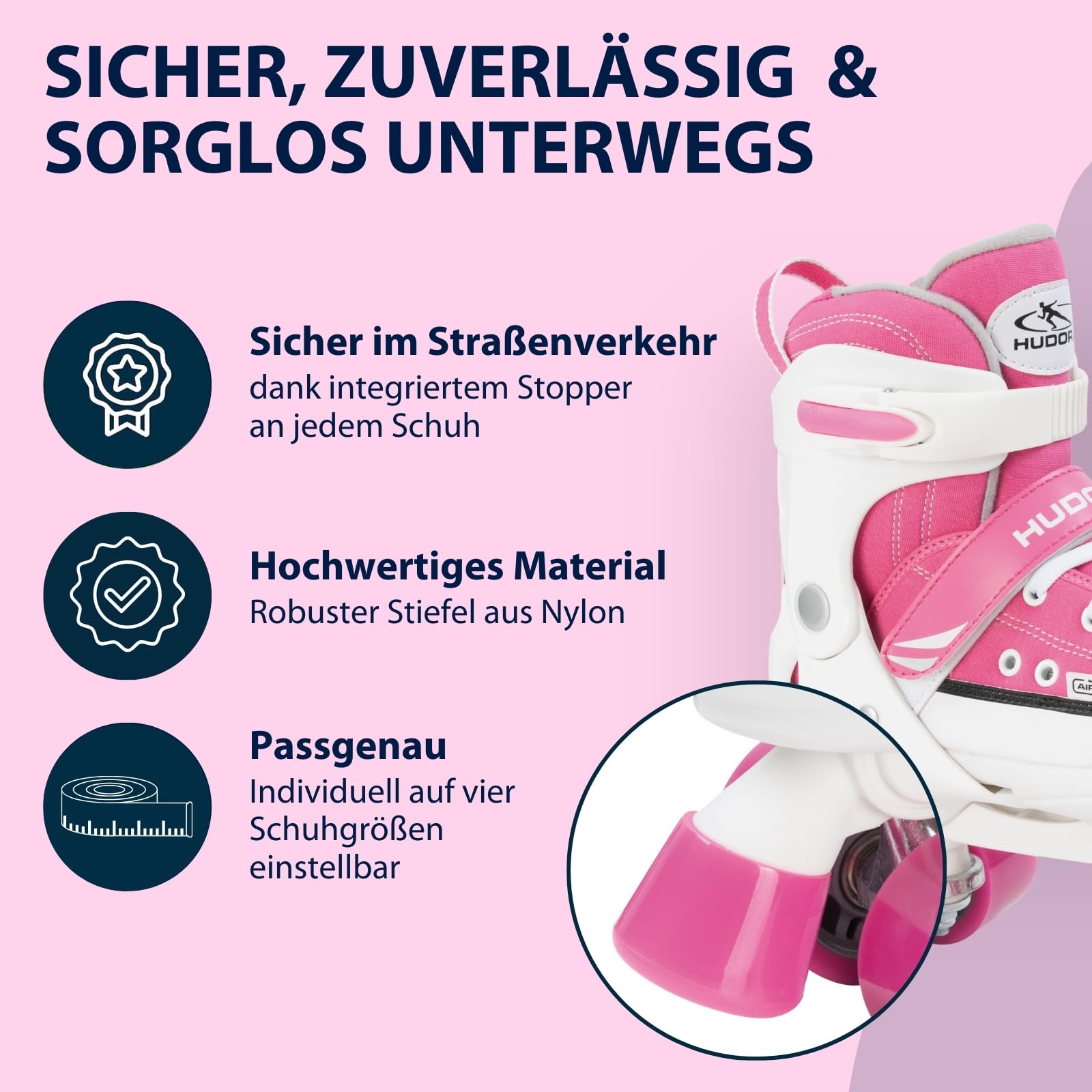 HUDORA Hochwertige Rollschuhe - Pink/Schwarz, Verstellbar, ABEC 3 Carbon-Kugellager, Nylonstiefel, Aluminium-Truck, Größe 32-35, Für Kinder & Jugendliche