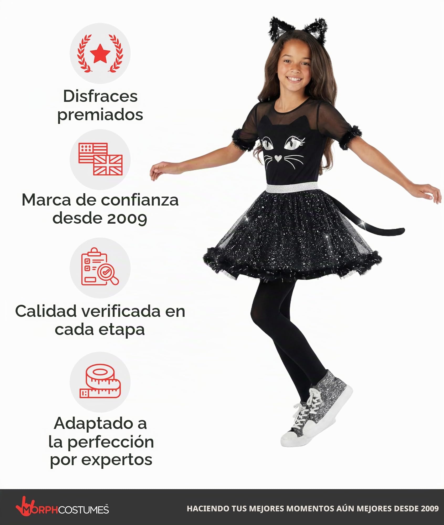 Morph Disfraz Gato Negro Niña, Disfraz Halloween Niña | Vestido con Cola, Falda de Purpurina & Diadema con Orejas, Perfecto para Halloween, Ideal para Juegos de Rol