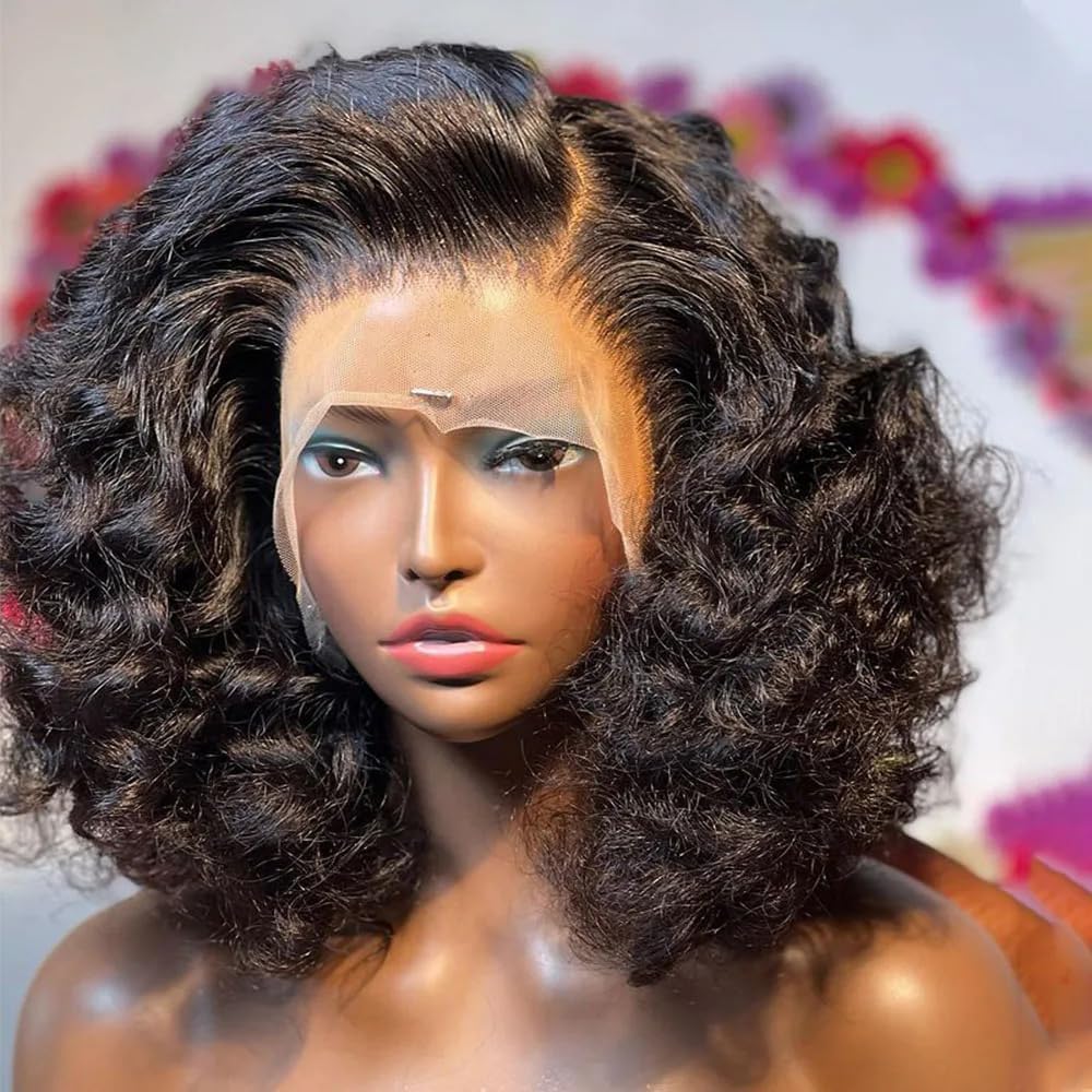 Short Bob 13X4 HD Lace Front Wig Deep Wave Natural Hairline with Baby Hair Natural Black Pre Plucked Virgin Human Hair Glueless Brazilian Remy 180% Density for Women 10 Inch