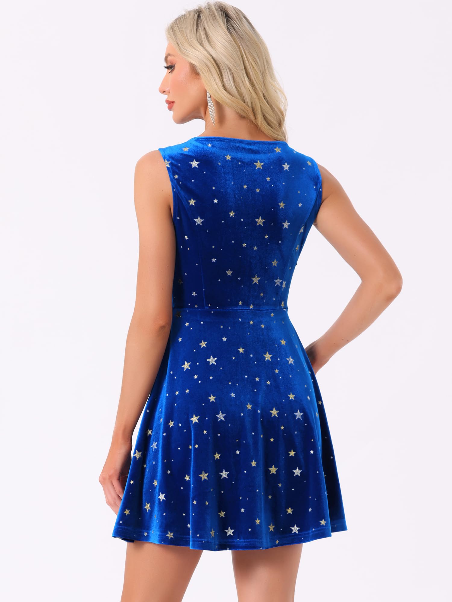Allegra K Vestido corto de terciopelo para mujer, sin mangas, con estrellas brillantes, Azul Real, Large