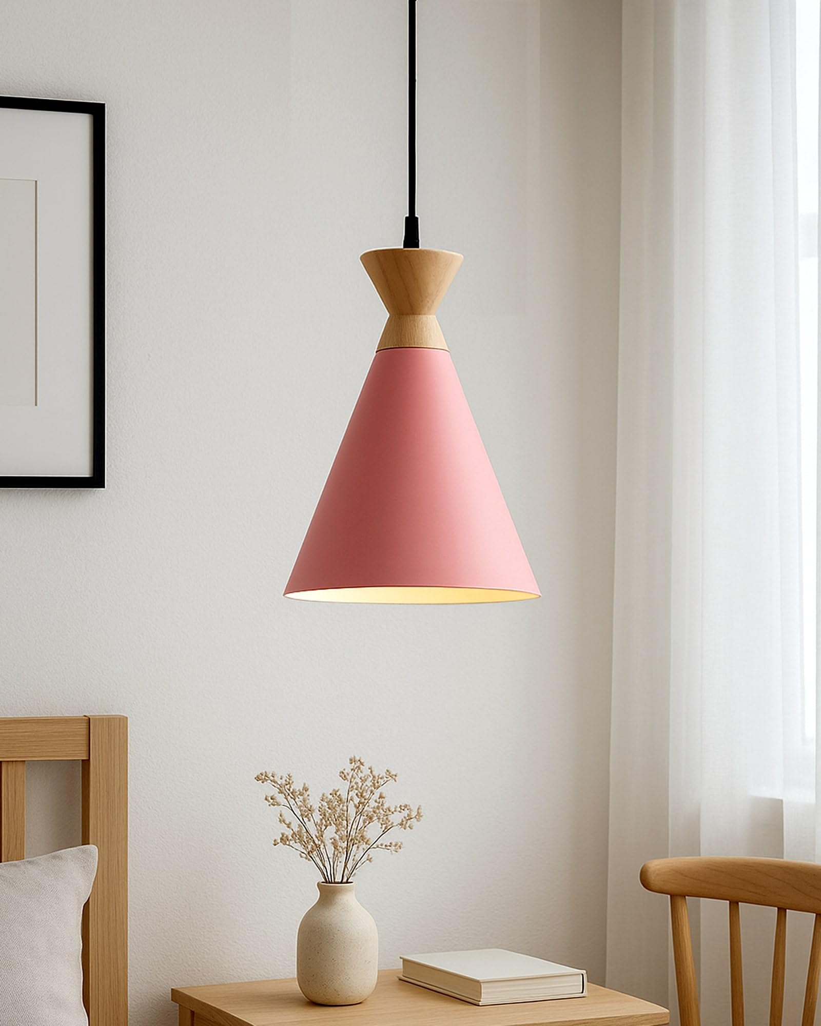 Homesake® Modern Pendant Light | Wooden Pink Cone Shape Hanging Lamp | Stylish Ceiling Light for Living Room, Bedroom, Kitchen | Trendy Home Decor Lighting Fixture | LED Compatible|Easy Installation