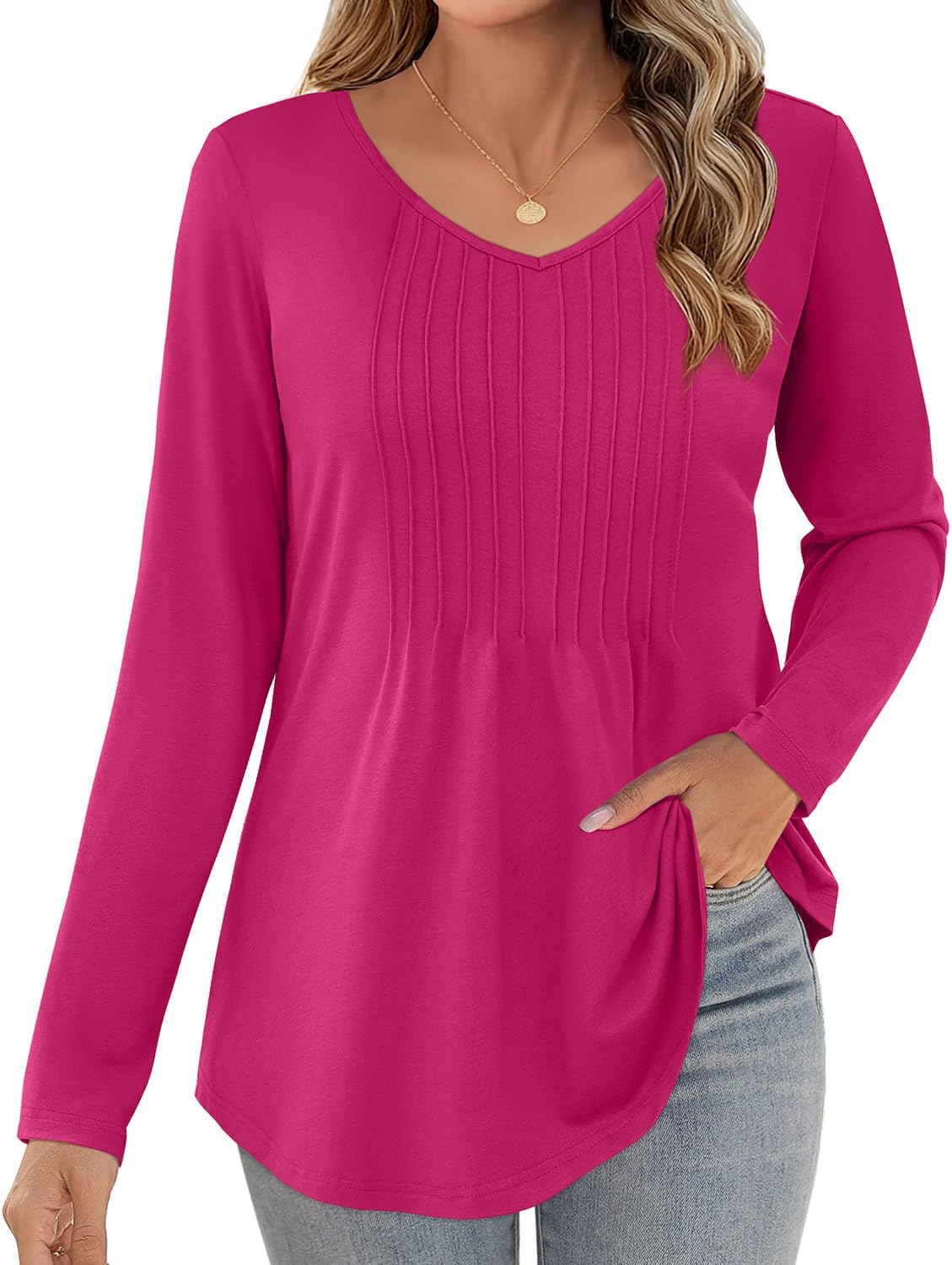 JUSTFASHIONNOW Long Sleeve Shirts for Women Dressy Casual Blouses Fall Tops Pleated V Neck Tunic Tops to Wear with Leggings - Image 3