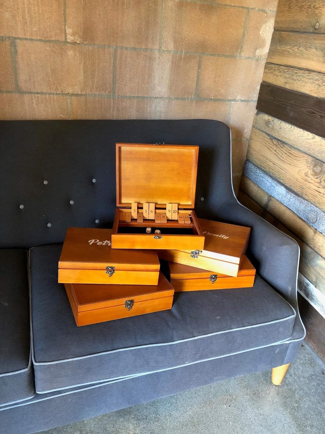 WE Games Custom Engraved Shut the Box Game Wooden Dice Games, Personalized Engraving, Tabletop Bar Game, 12 Number Tiles in Keepsake Cherry-Stained Wooden Box