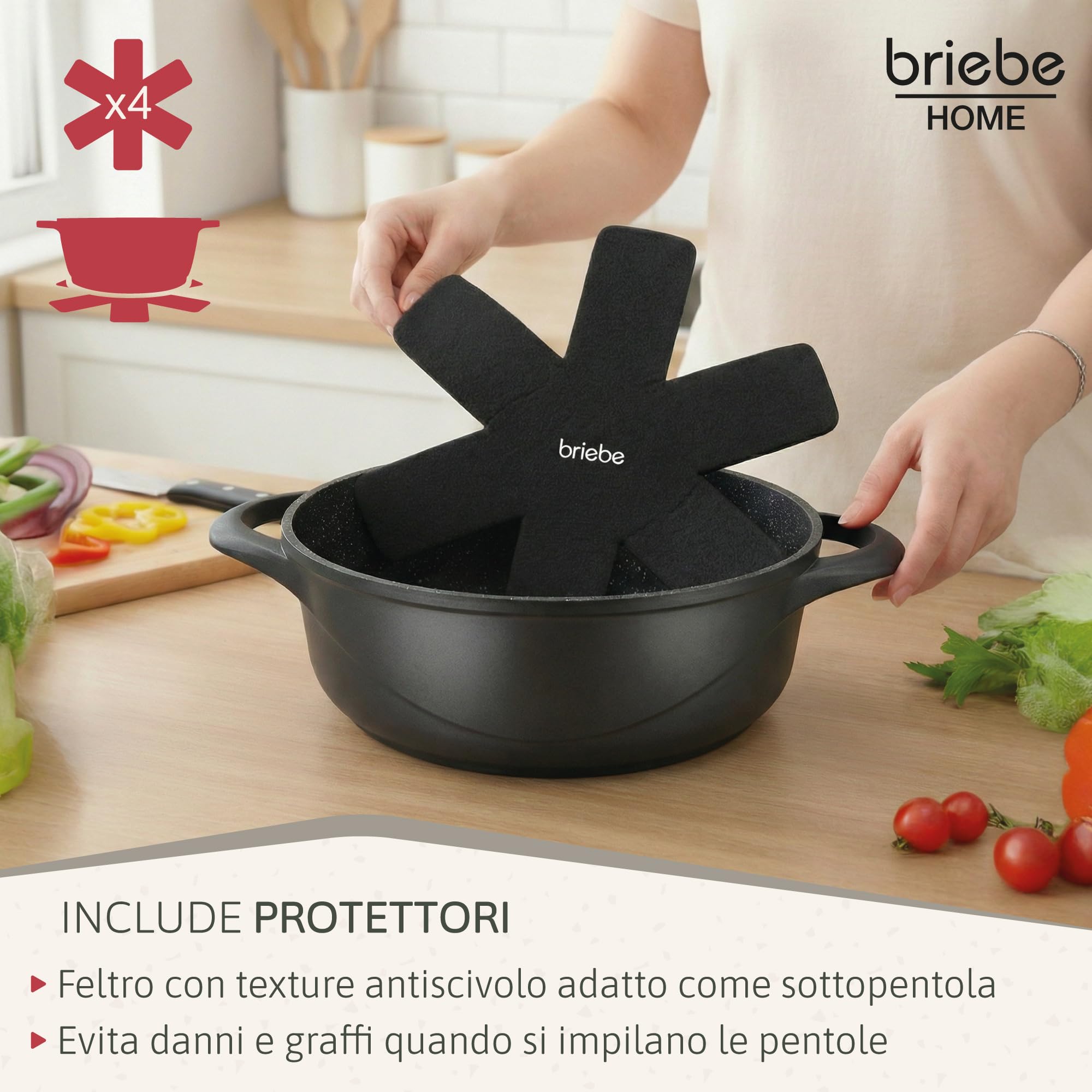briebe Set Pentole Induzione Batteria 8 Pezzi, 4 Casseruola, Alluminio Pressofuso, Antiaderente ILAG GRANITEC senza PFOA, Coperchi in Vetro, Guanti in Silicone, Vetroceramica, Gas, Forno, MGK-17S