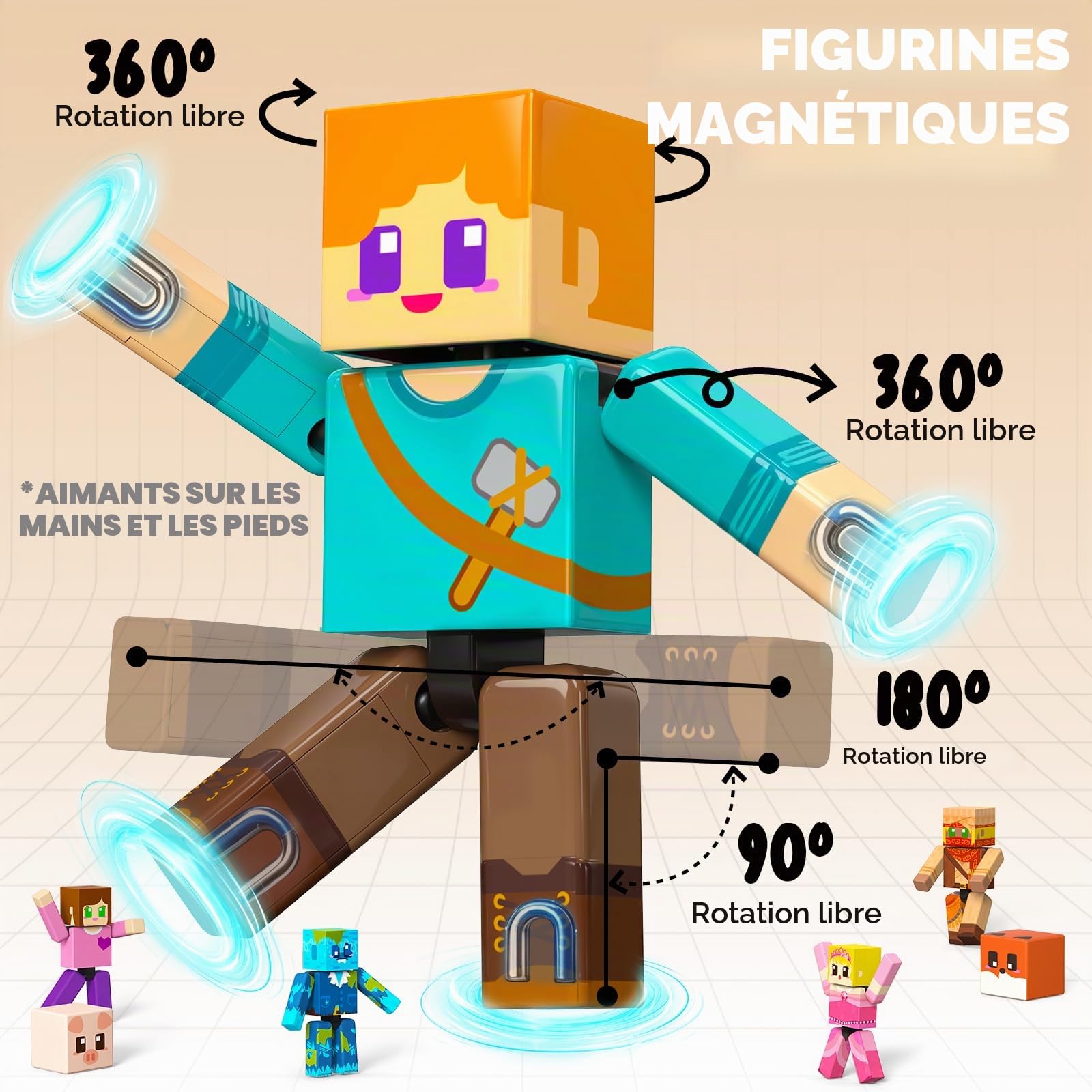 GraceDuck 40 Pièces Magnétiques Figurines et Cube Magnétique, Action Figures Pivotantes, Jouets STEM Montessori pour Enfants, Cadeau pour Garçons et Filles dès 3+ Ans