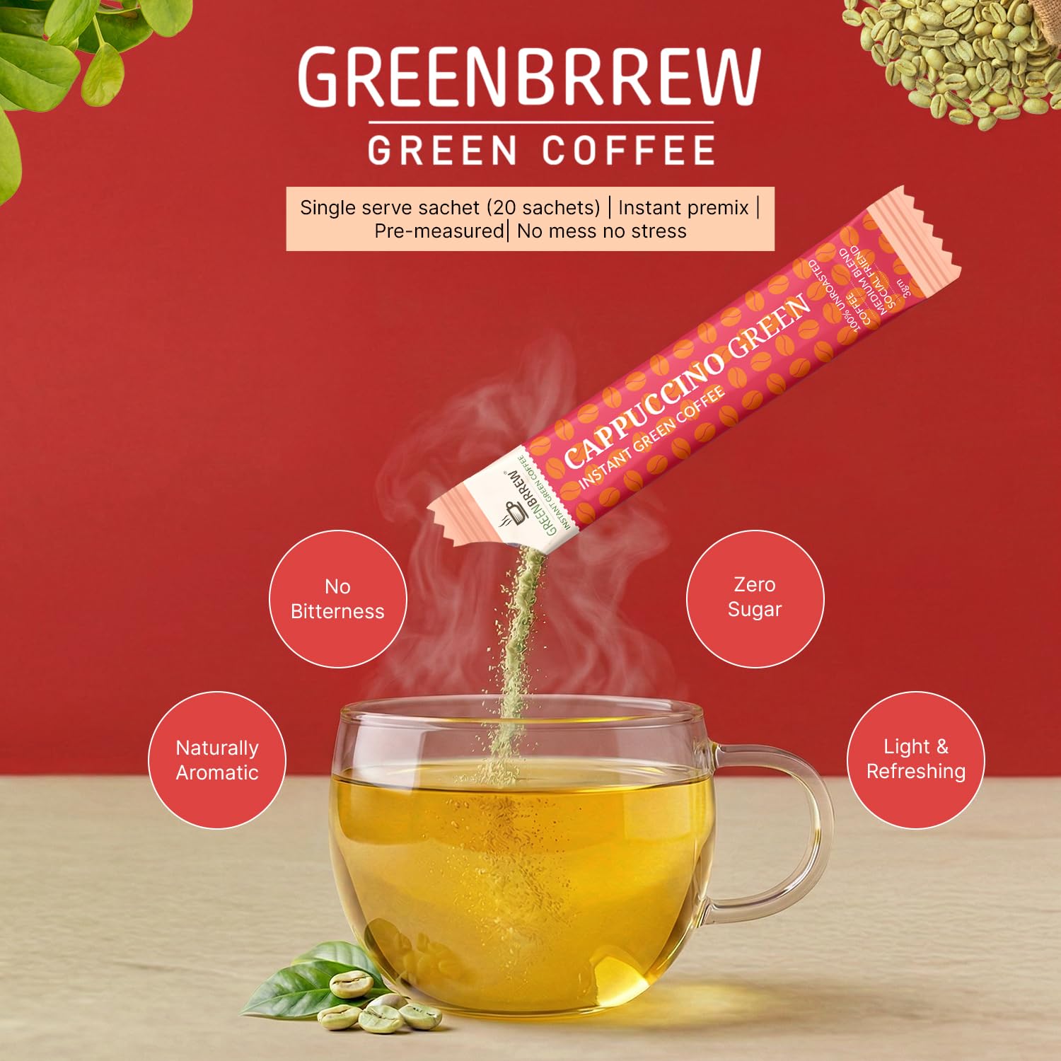 Greenbrrew Cappuccino Instant Green Coffee - 20 Easy Mix Sachets, Pack of 1 (60g) 1