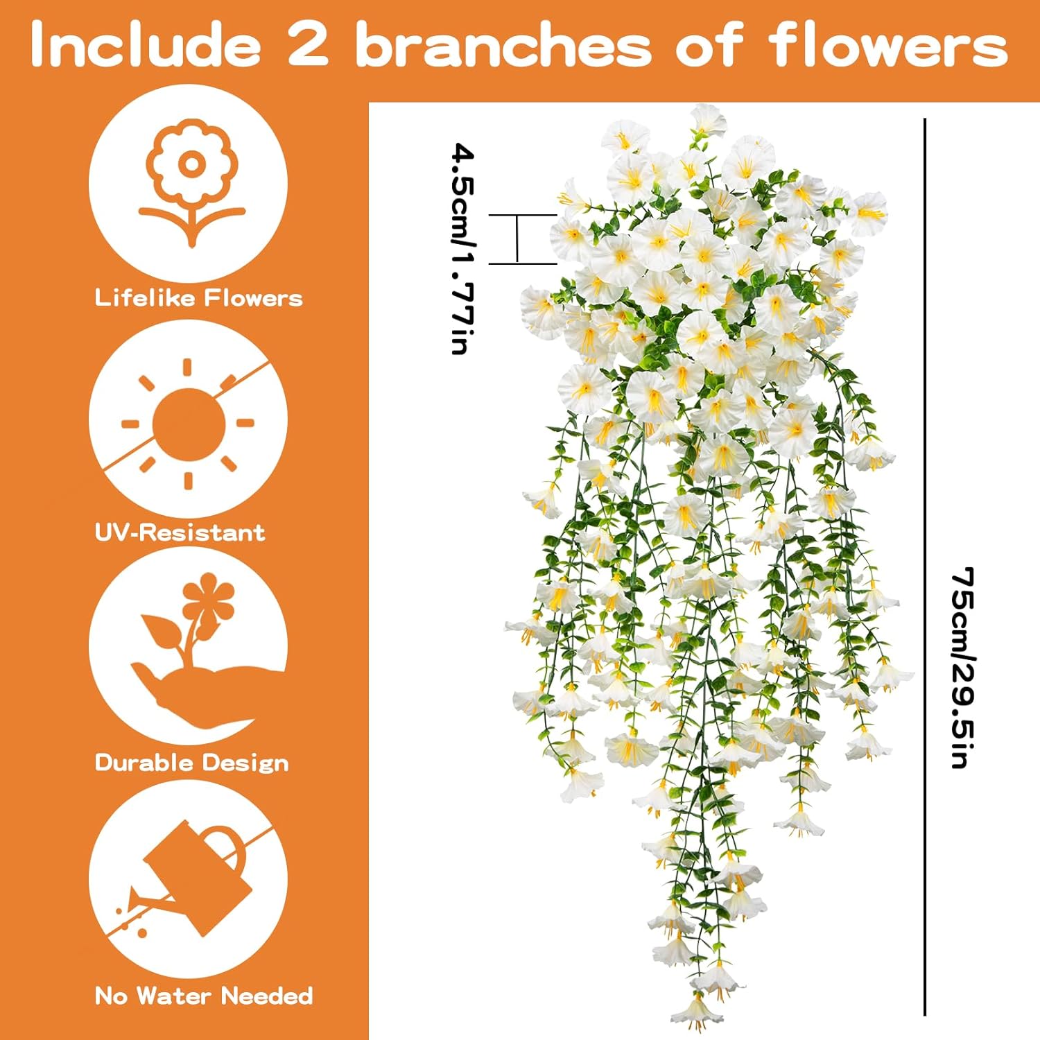 2Pcs Outdoor Faux Hanging Flowers Artificial Morning Glory with Eucalyptus Leaves UV Resistant Look Real Fake Plants for Outside Planter Porch Patio Balcony Yard Decor(White) - Image 6