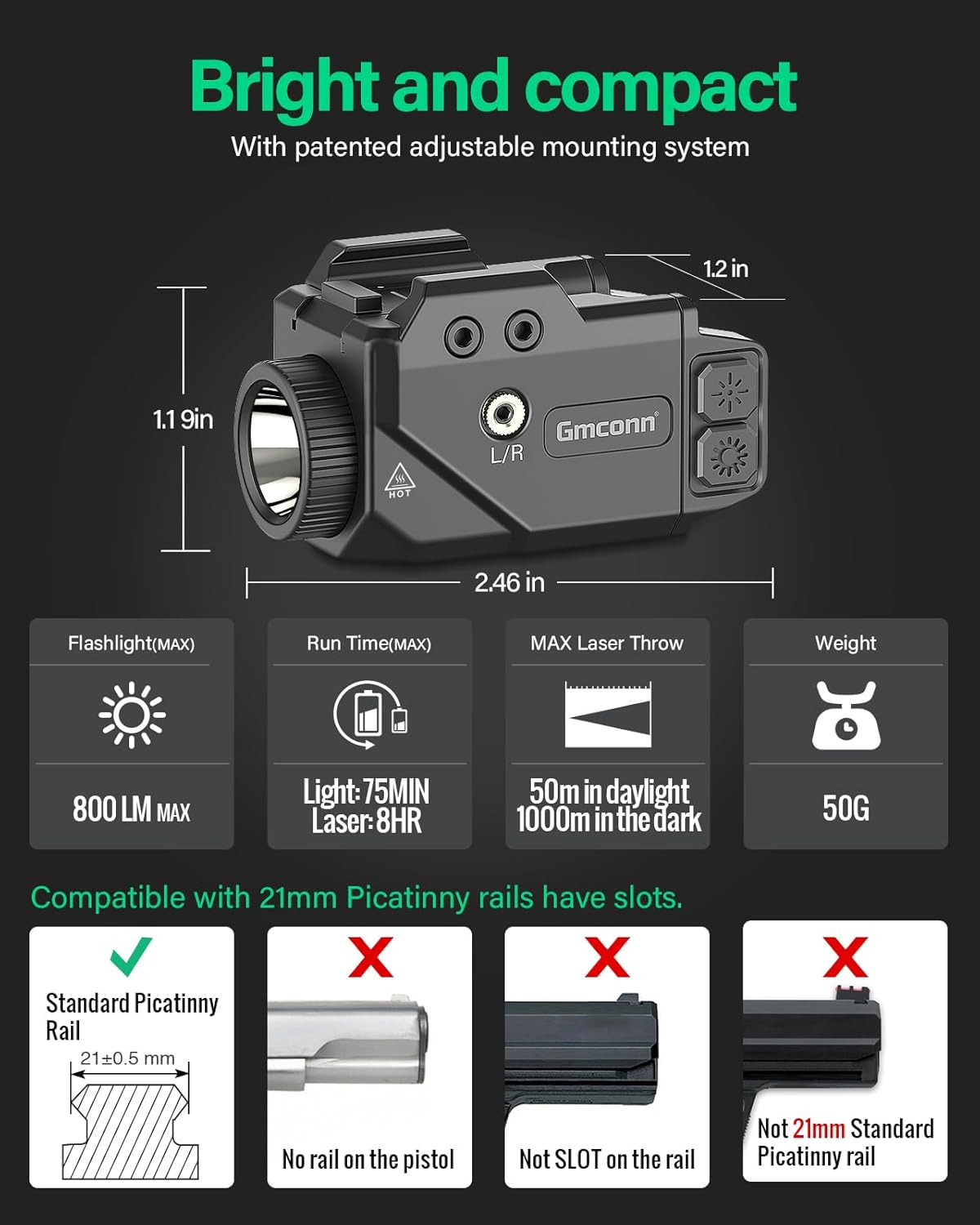 Gmconn 800 Lumen Tactical Flashlight Green Red Blue Laser LED Light Combo, Rechargeable Pistol Light with Strobe Function (Red Laser)