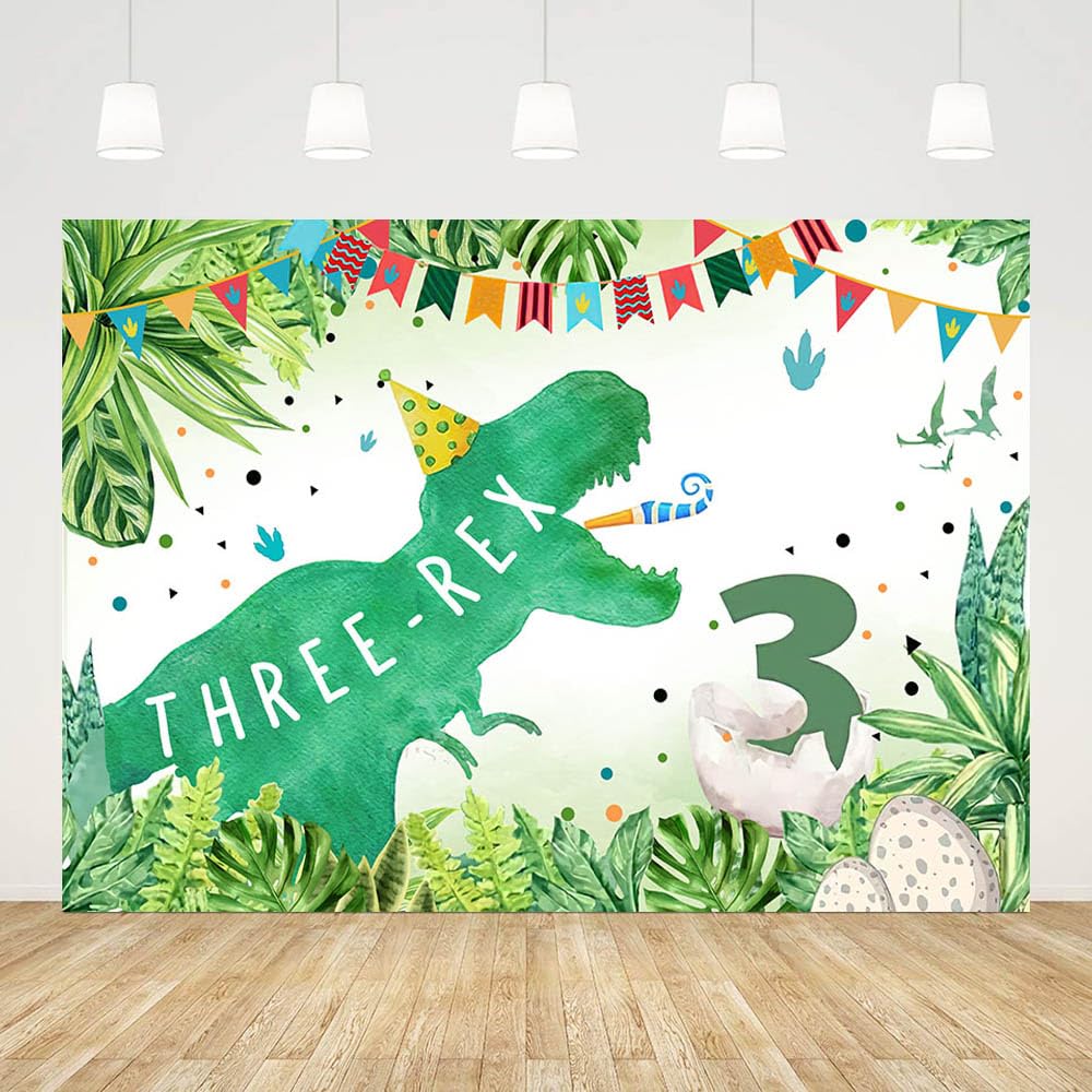 Dinosaur 3rd Birthday Backdrop 5x7ft – Colorful Three Rex Jungle Theme Photo Background For Kids Party