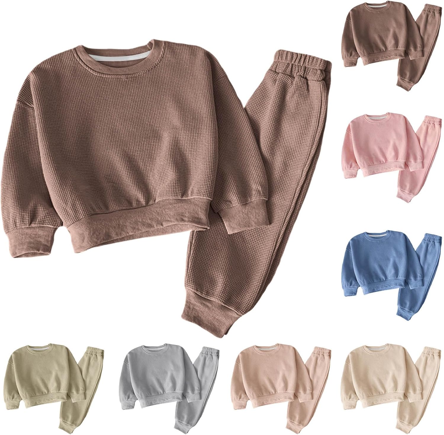Toddler Kids Basic Waffle Sweatsuits Girls Boys Pullover Crewneck Sweatshirt and Sweatpants Tracksuit for 1-11 Years