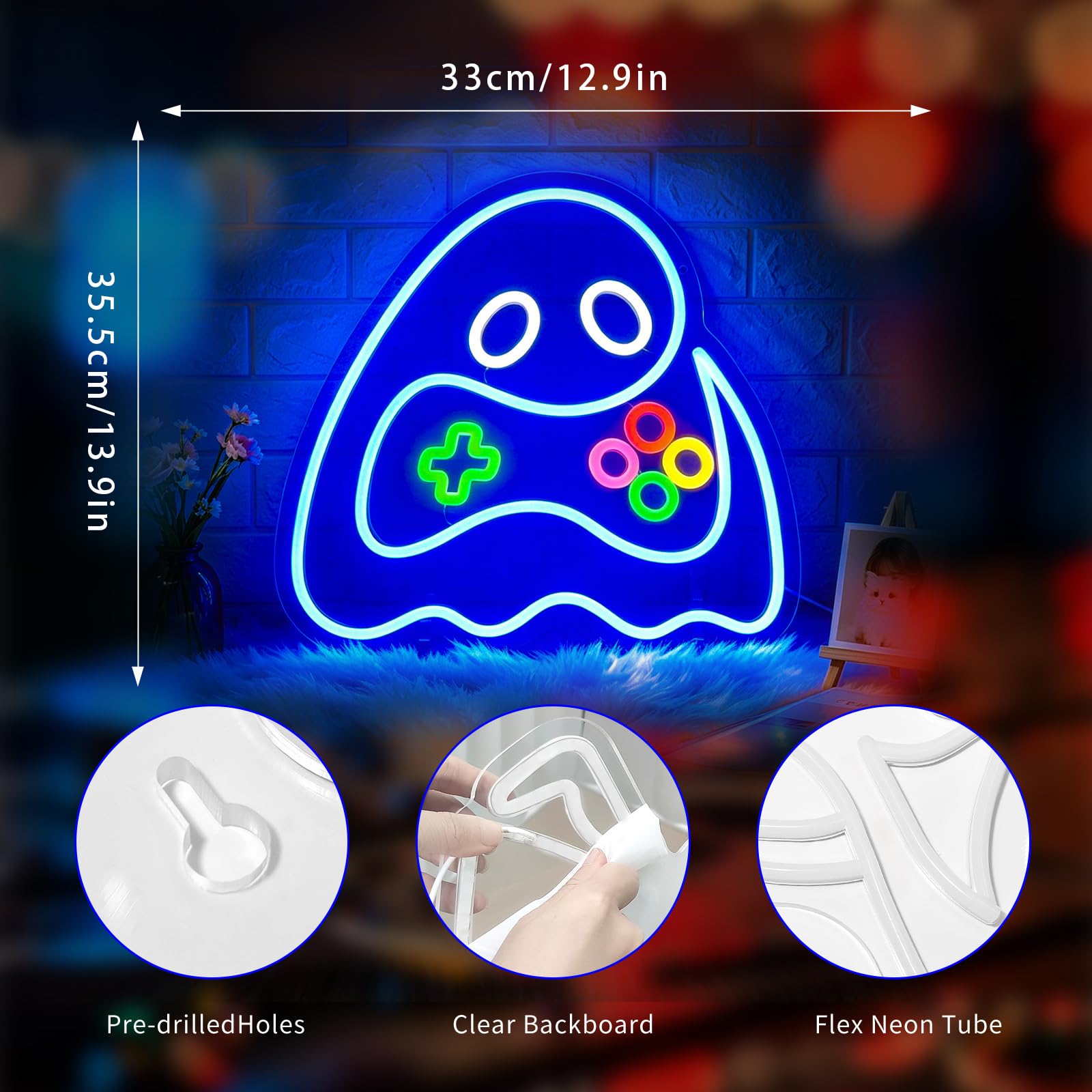 Letrero de neón fantasma de juego, letreros de neón para decoración de pared, letreros LED de neón para habitación, decoración del hogar, dormitorio, club, fiesta, bar, tienda, funciona con