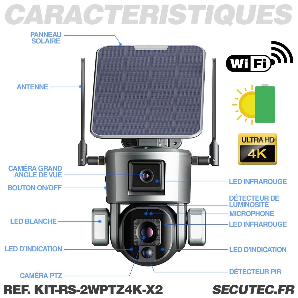 Kit vidéosurveillance Solaire 3G/4G Autonome 4K, caméras WiFi, Zoom X20, détection de Mouvement, Alarme et sirène, microSD 128 Go.