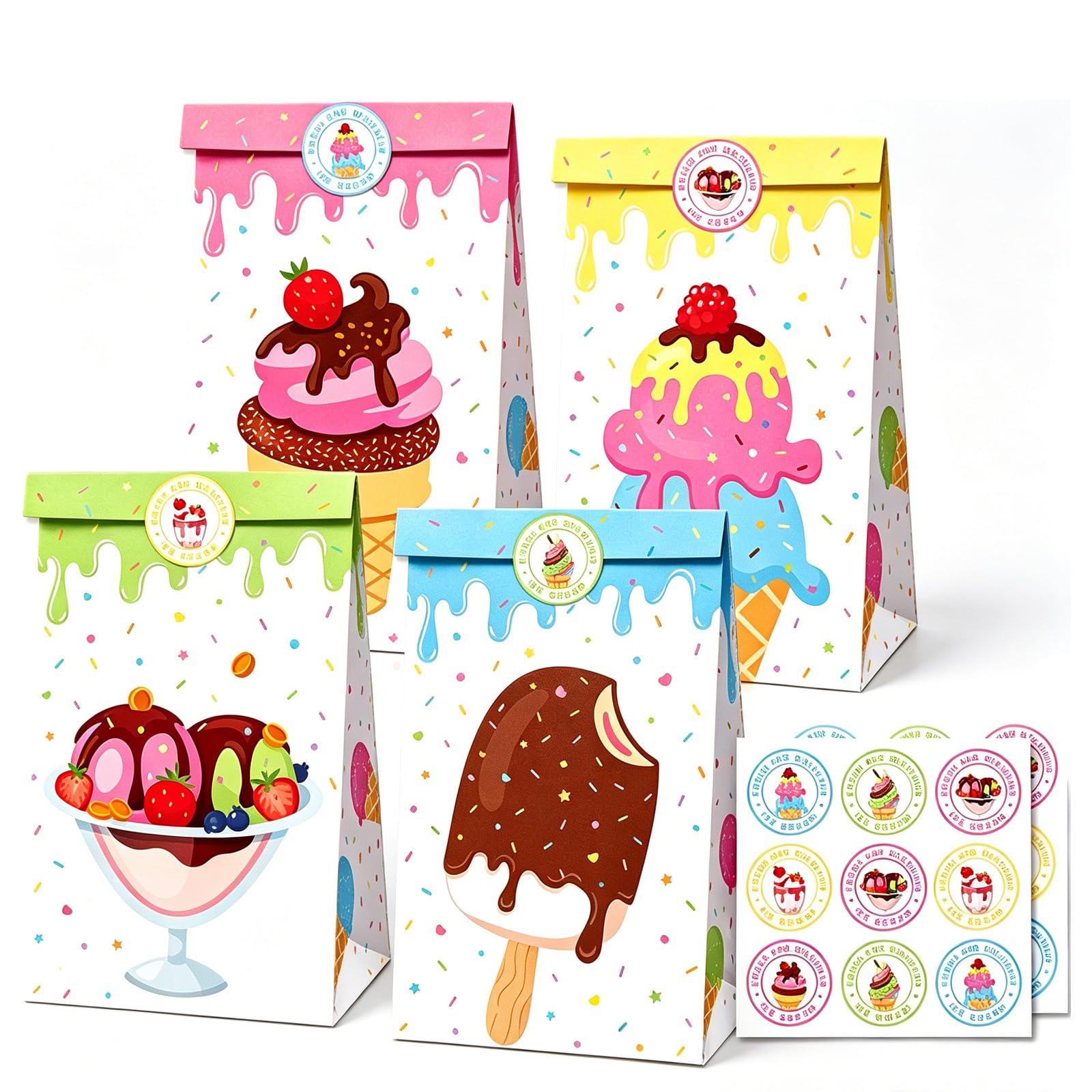 12Pcs Paper Party Bags for Kids Party, 22x12x8cm Ice Cream Small Gift Bag Candy Goodie Treat Bags with 18 Stickers for Boys Girls Birthday Sweet Ice Cream Theme Parties Bag favours Presents