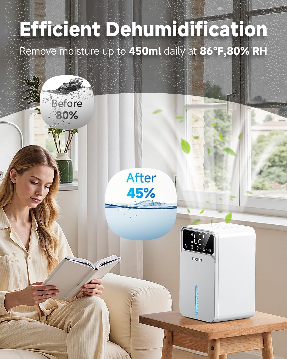 KCONBS Dehumidifiers for Home, 60 OZ Capacity, Polar White