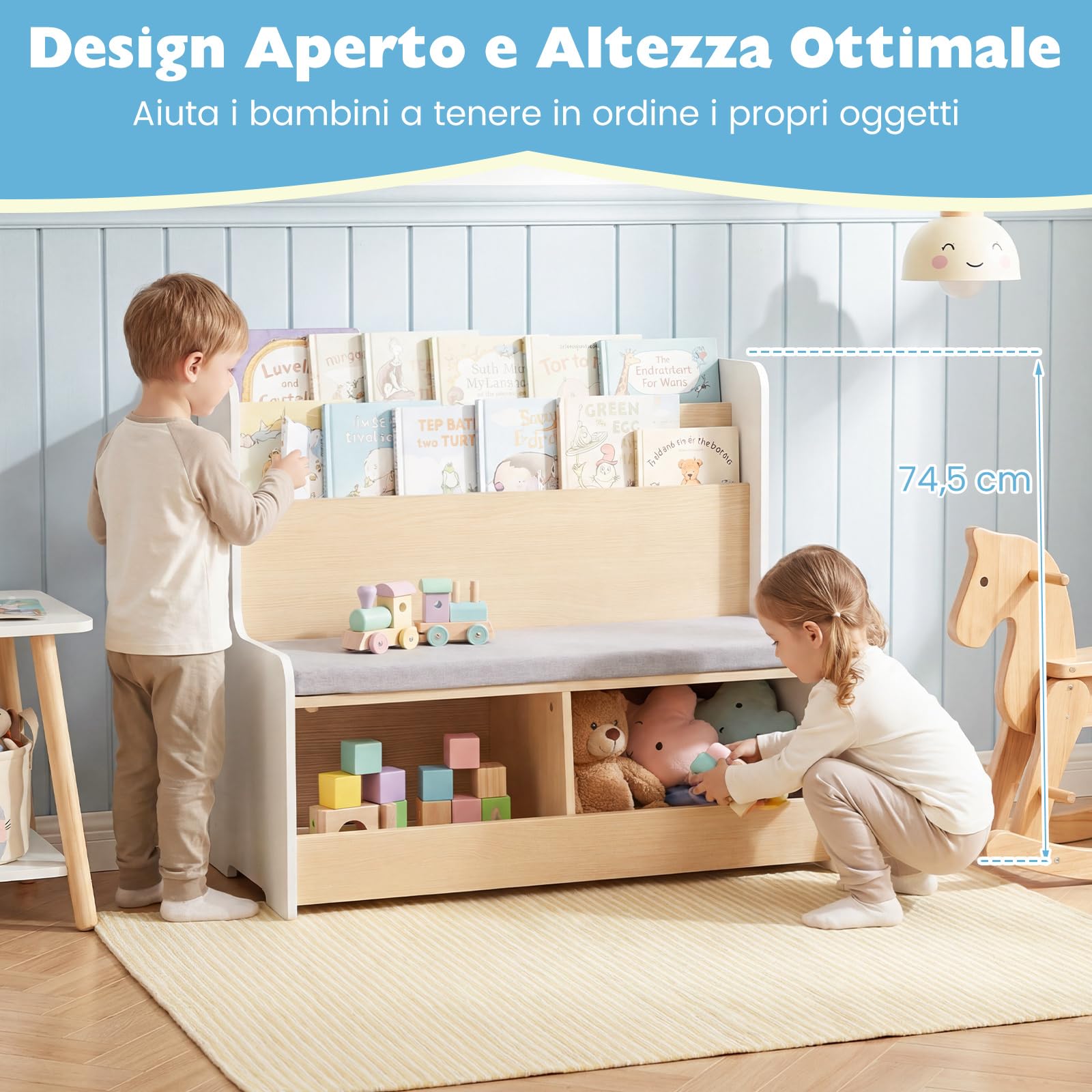 COSTWAY Libreria Montessoriana per Bambini con Panchina, Porta Libri Bambini con Portariviste a 2 Ripiani, 2 Scomparti Aperti e Cuscino Seduta Rimovibile, Libreria Salvaspazio per Cameretta (Bianco)