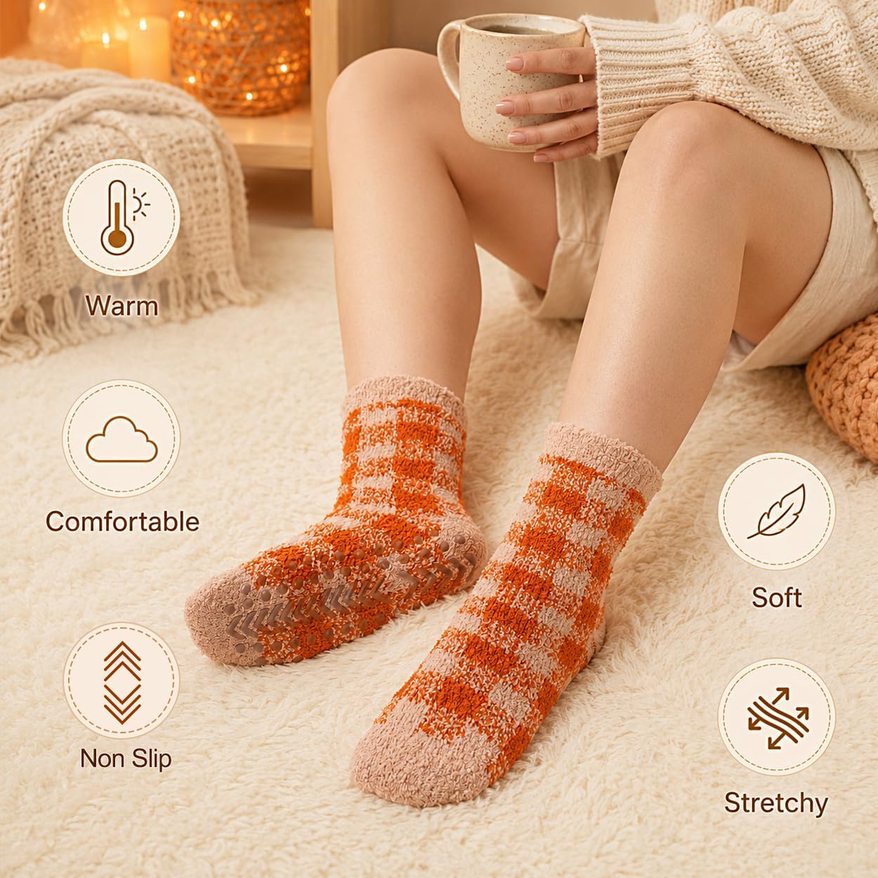floconssy Fuzzy Socks with Grips for Women, Fall Cozy Fluffy Slipper Socks image 3