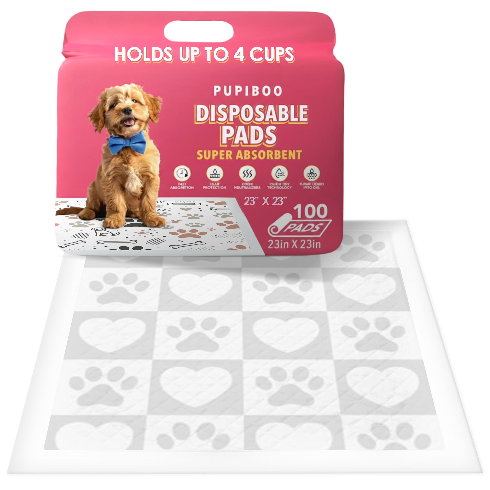 Pupiboo Disposable Dog and Cat Training Pads (100 Count) – 23x23 in Highly Absorbent Pee Pads, Leak Proof Backing, Pheromonal Attractant for Housebreaking and Indoor Potty Training