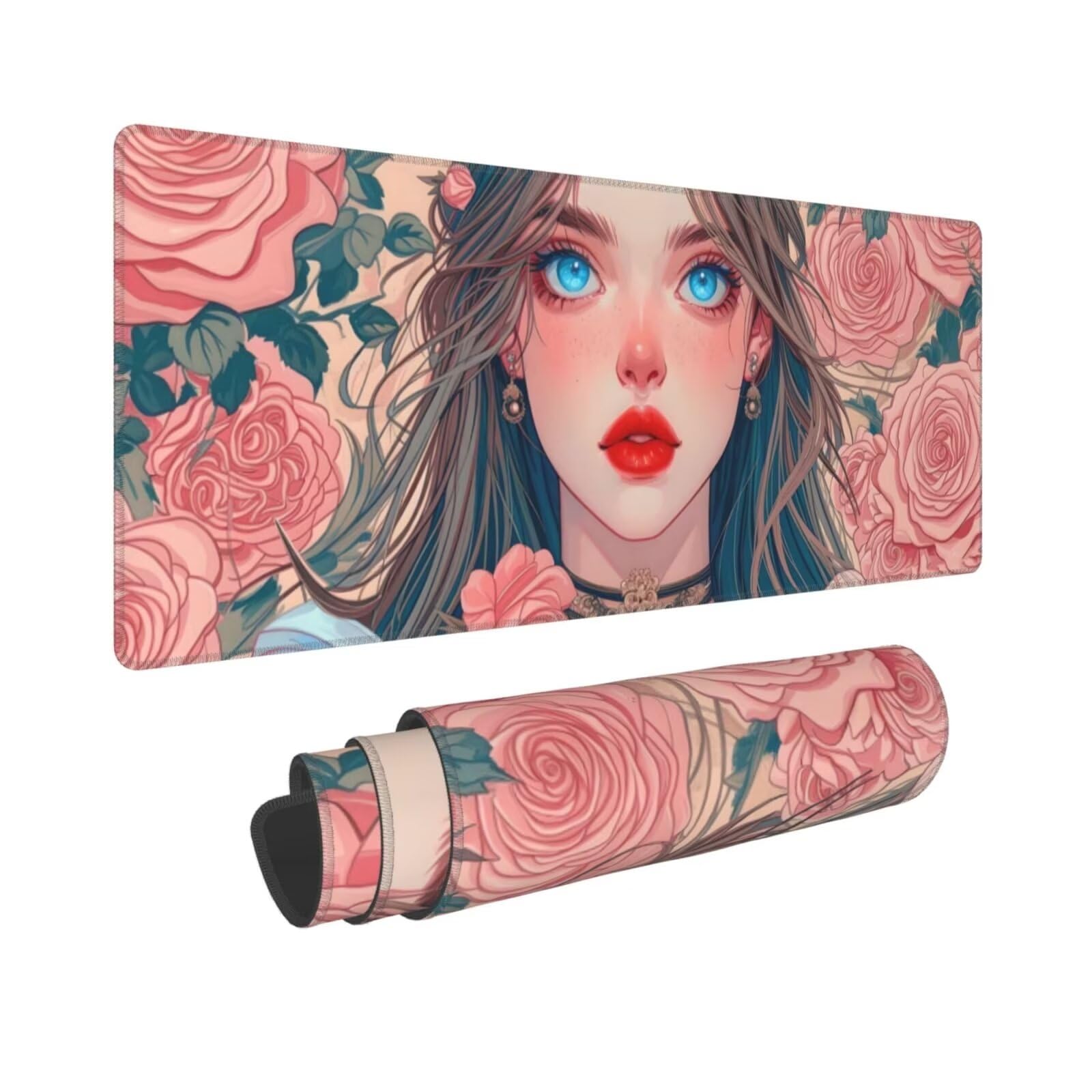Tappetino Mouse, Tappetino Mouse Gaming Grande XXL 1500x800x3mm Tappetino Scrivania Mouse Pad, Base in Gomma Antiscivolo, Bordi Cuciti,Lavabile, Mousepad per Ufficio e Gaming (Rose Girl) R-484