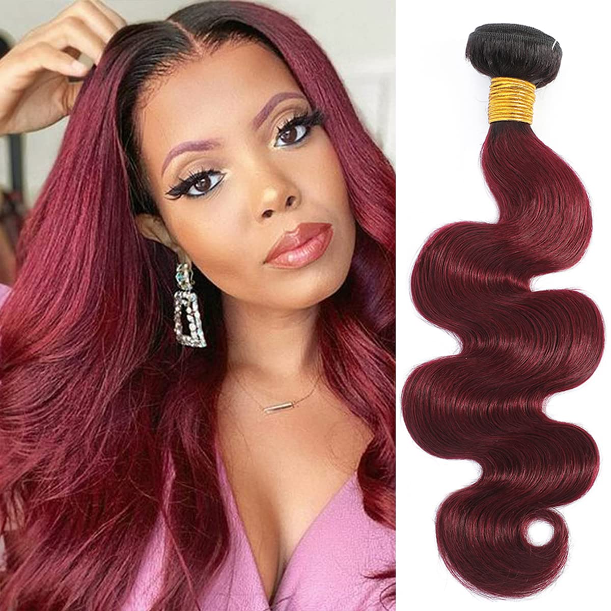 Feelgrace Ombre Hair Bundles Body Wave Brazilian Hair Extension Bundles Ombre 1B/99J Body Wave Hair Weave Bundles (1 Piece 14 Inch) 10A Grade Remy Hair