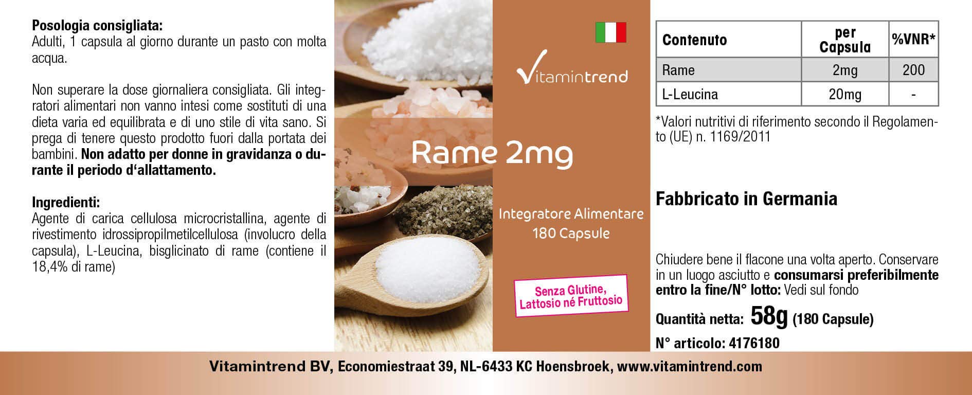 Vitamintrend rame 2 mg, 180 capsule, facili da deglutire, ad alto dosaggio, integratore alimentare vegano senza magnesio stearato, prodotto in Germania