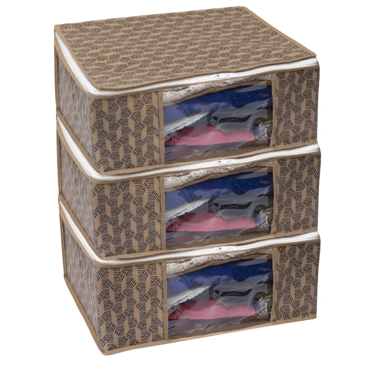 Homestrap Set of 3 Non-Woven Printed Saree Cover/Cloth Storage/Organizer with Transparent Window (Beige)(Shark Tank Product)