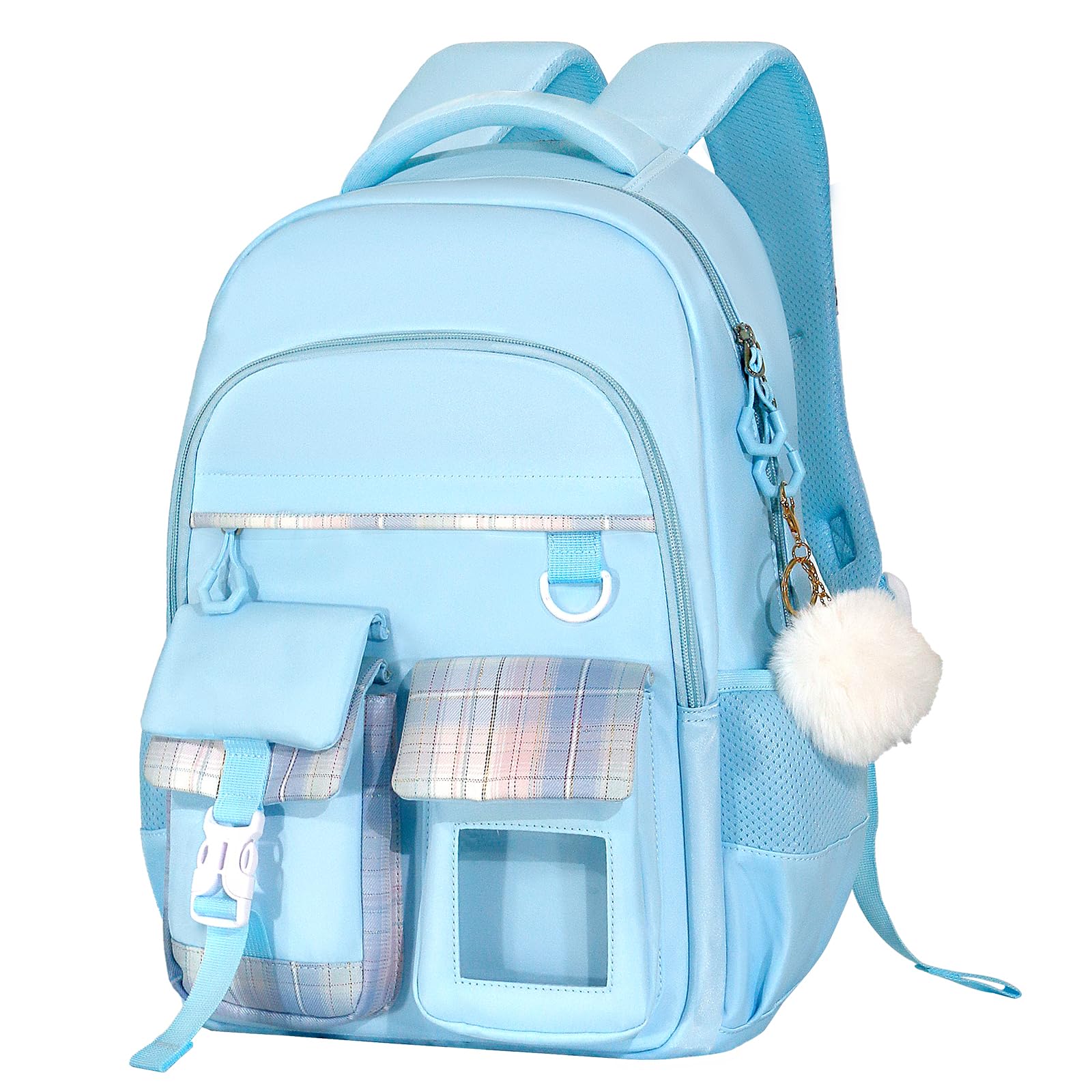 Kawaii Blue Kids Backpack for Girls, Fashion Multiple Pockets Bookbag for Primary Elementary High School for Teen Girls