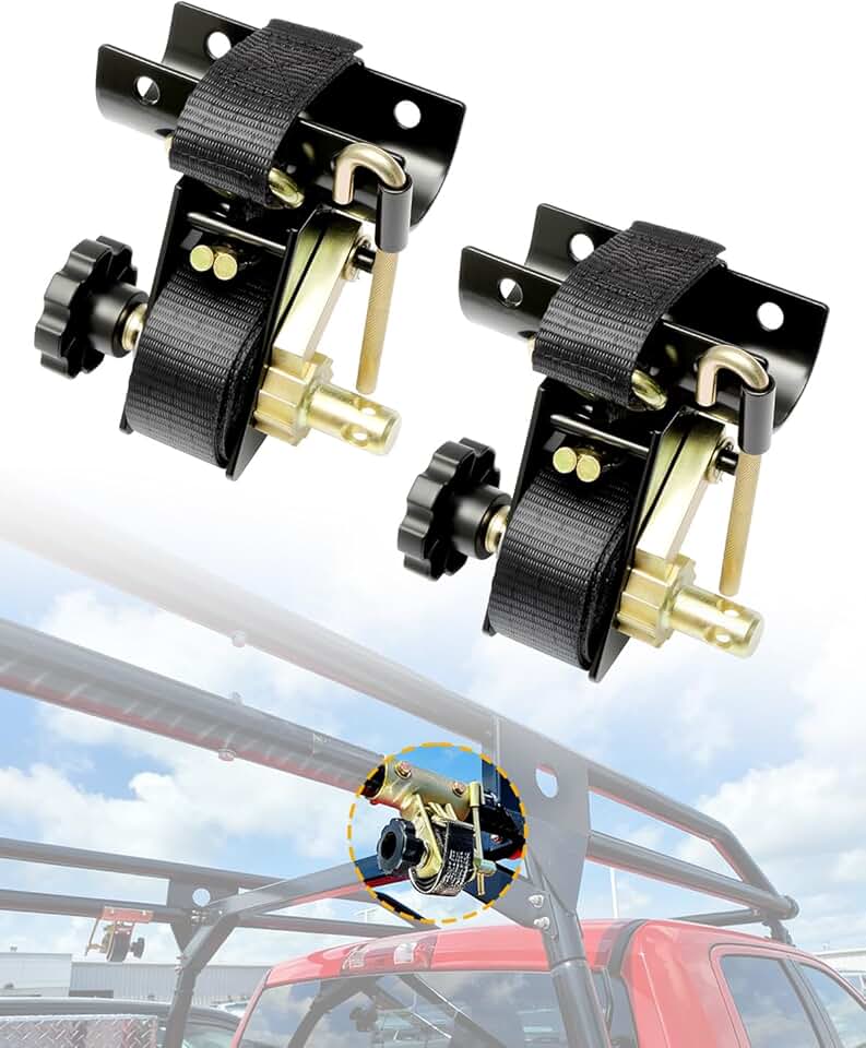 Ladder Rack Ratchet Straps with J-Hook (Pair), 2" Black Round Tube Mount, 1.5" Wide x 7.5' Long Black Retractable Ratchet Tie Down Strap Roof Rack, 500 lbs Load Heavy Duty,Cargo Buckle Rack Lock Strap