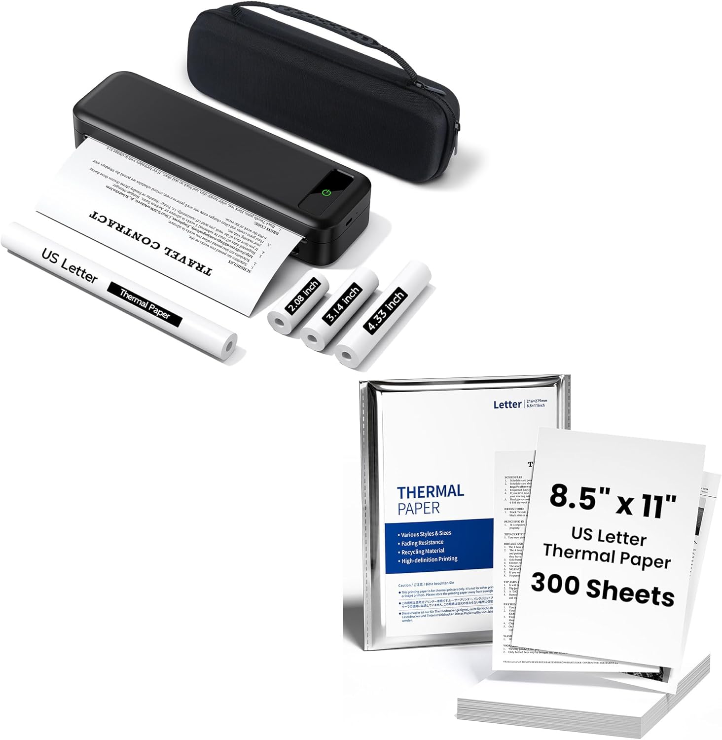 TATTMUSE Portable Thermal Printer & 4 Roll Thermal Paper & 1 Case & 300 Sheets 8.5" x 11" US Letter Thermal Paper