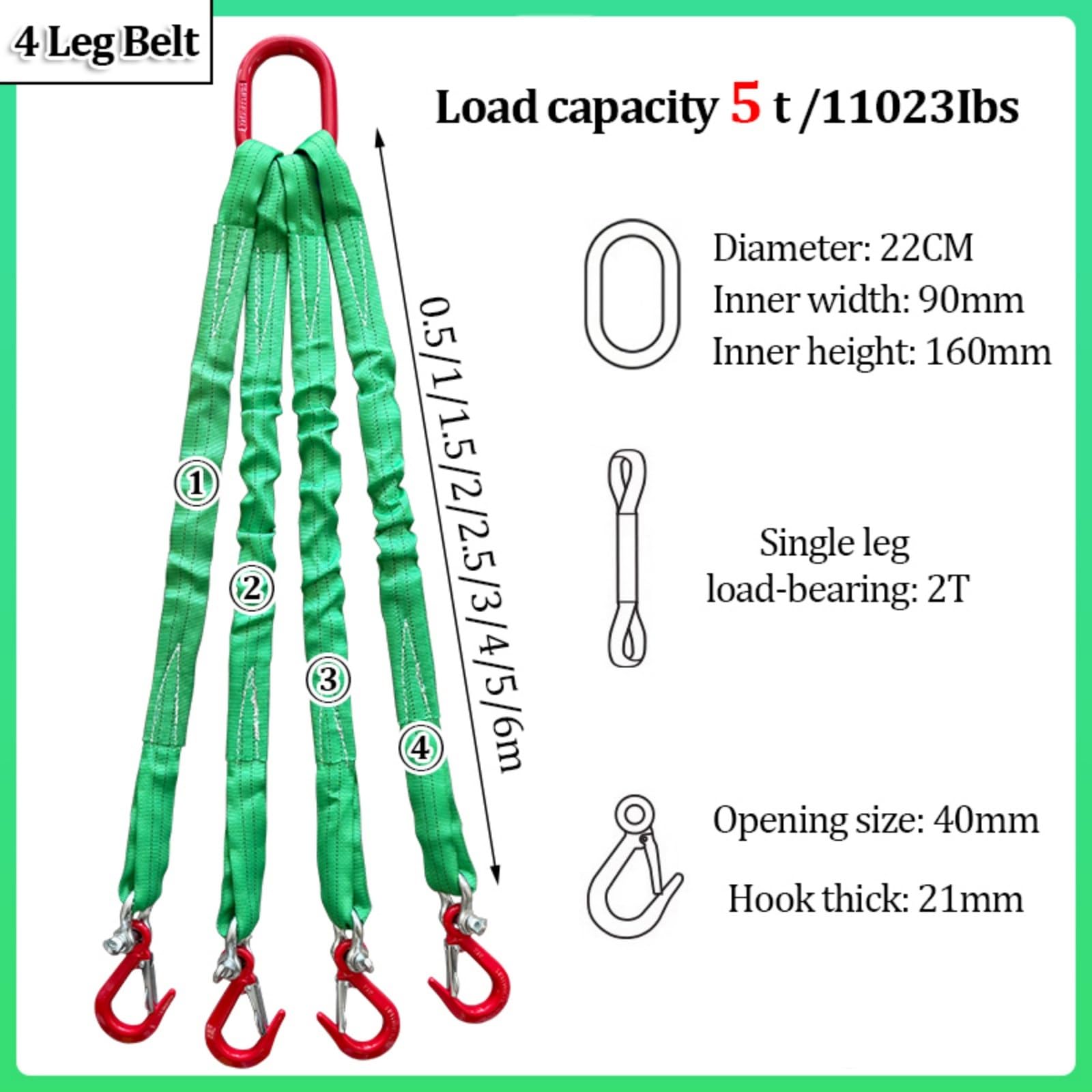 Élingue à quatre points d'ancrage, sangle de récupération avec 4 crochets de préhension, sangles de levage en polyester, idéale pour la manutention de charges en toute sécurité(5t,2m)