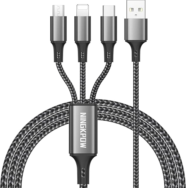 NINGKPOW Multi Charger Cable, 3 in 1 Charging Cable Nylon Multiple USB Charger Cable with Micro USB Type C Lightning for iPhone 13 12 11, Android Galaxy S22 S21 S20, Huawei, Kindle, LG-1.2M Grey